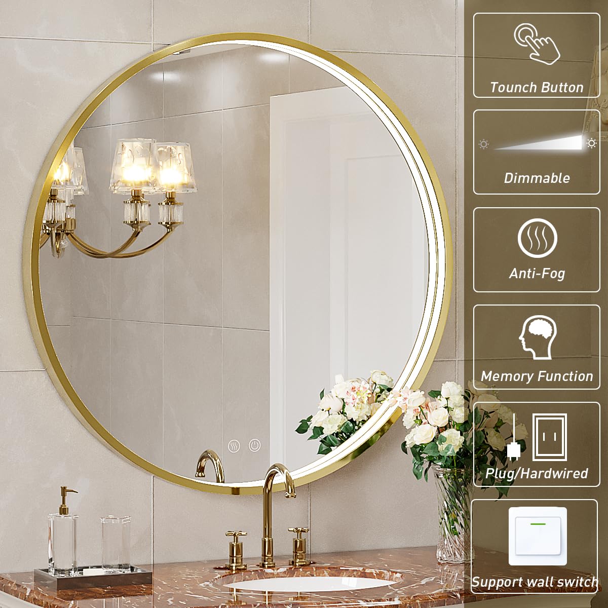 LED Round Mirror,36 Inch Gold Frame Bathroom Mirror with Light,6000K Lighted Vanity Mirror,Wall Mounted,Anti-Fog & Dimmable Touch Switch, Waterproof IP54