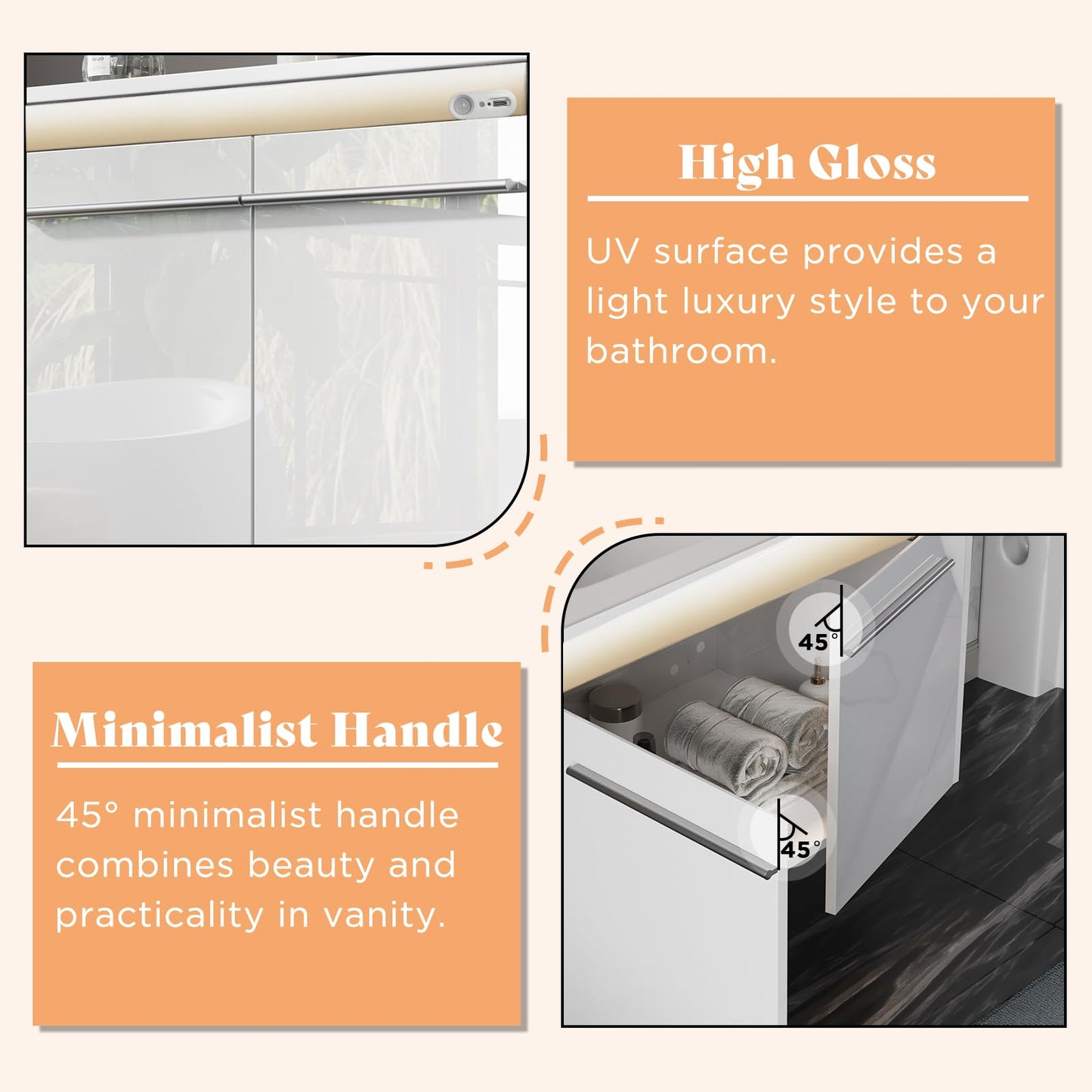 AMERLIFE 31" LED Floating Bathroom Vanity with Sink, High Gloss Single Sink Wall Mounted Bathroom Storage Vanity Cabinet, Modern Bathroom Sink Cabinet with Metal Handles, White