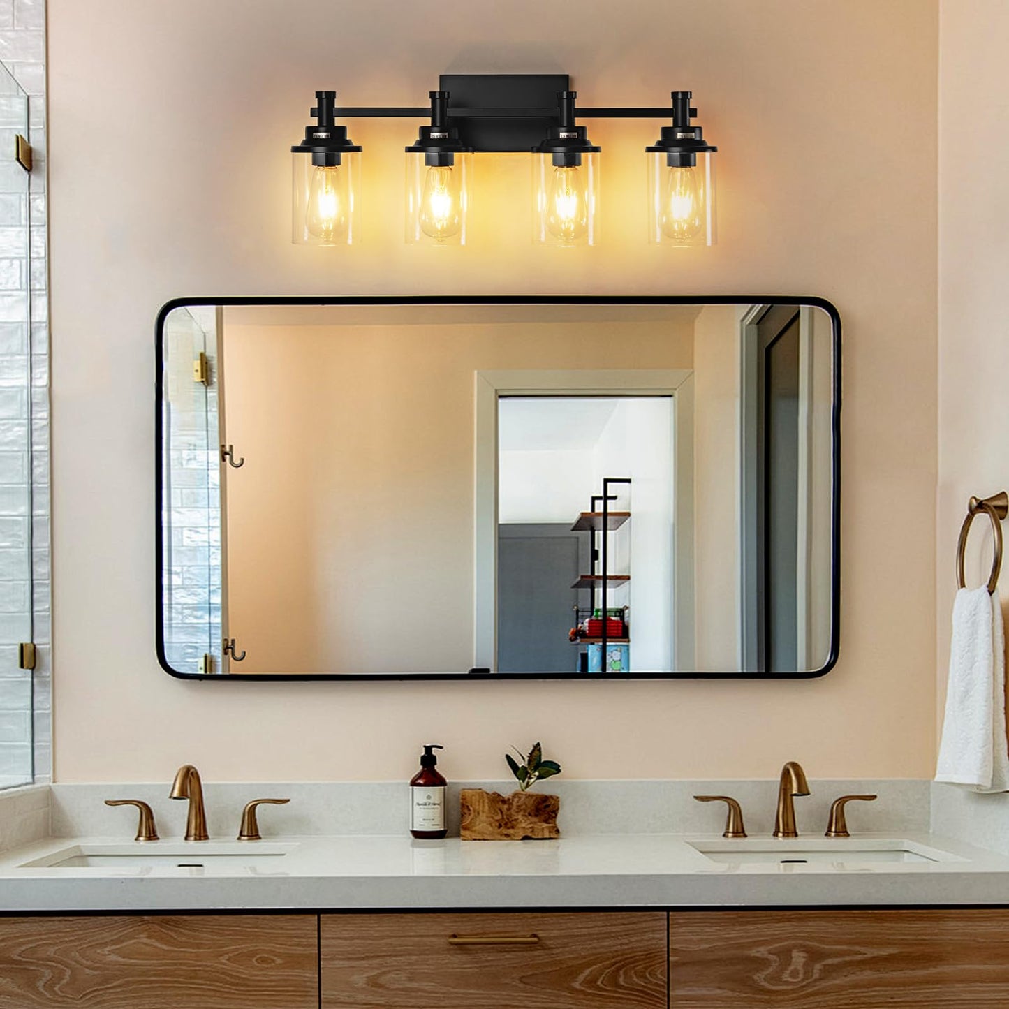 3 Light Bathroom Light Fixtures, Black and Brushed Gold Vanity Light Fixture Over Mirror, Modern Wall Sconces Lighting Wall Lamp for Bathroom, Bedroom, Hallway with Clear Glass Shade