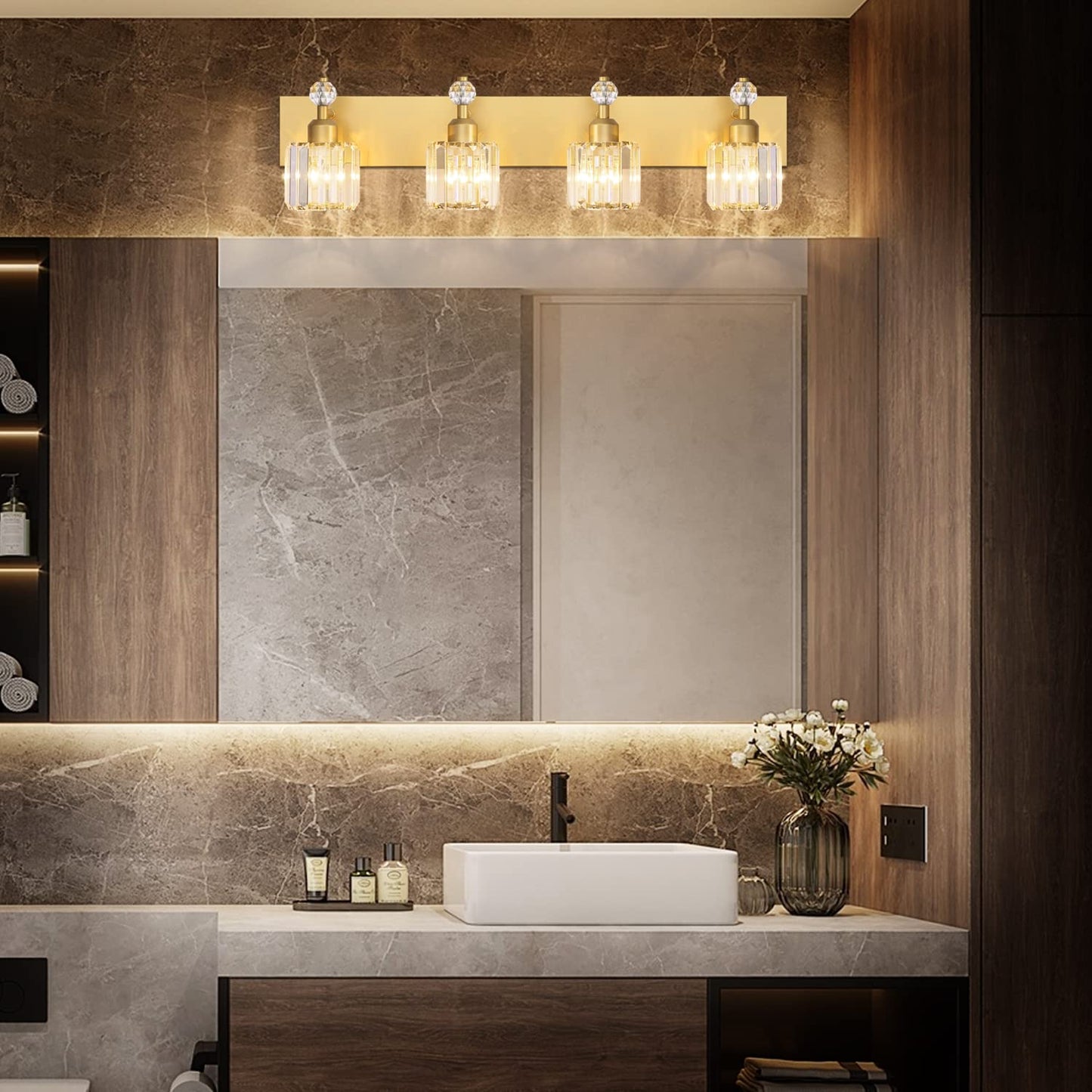 PRESDE Black Gold Crystal Bathroom Vanity Lights Fixtures Over Mirror Modern 3 Light Bath Wall Lighting