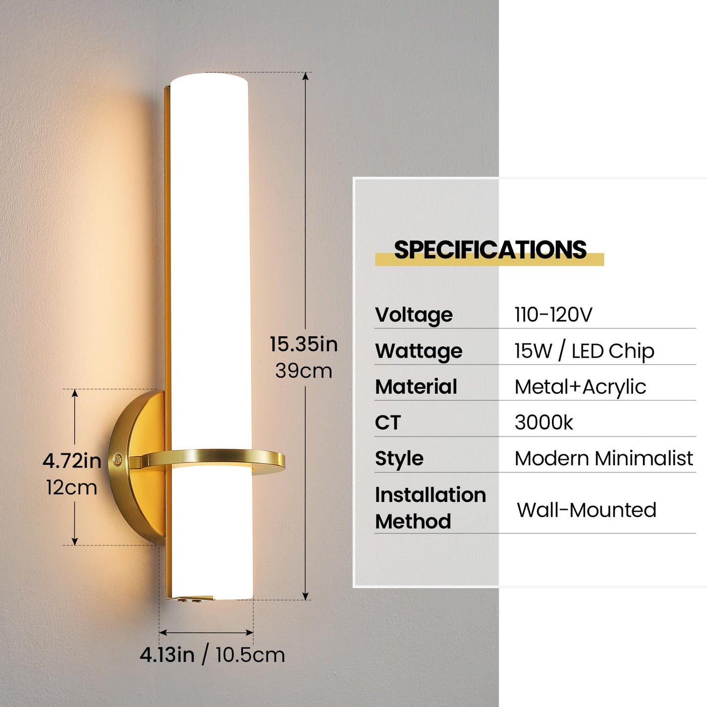 Gold Wall Sconces Set of Two - Dimmable Modern Sconces Wall Lighting 18W 3000K Led Wall Lights Acrylic Lampshade Hardwired Wall Light Fixtures for Living Room Bedroom Bathroom Hallway 18inch