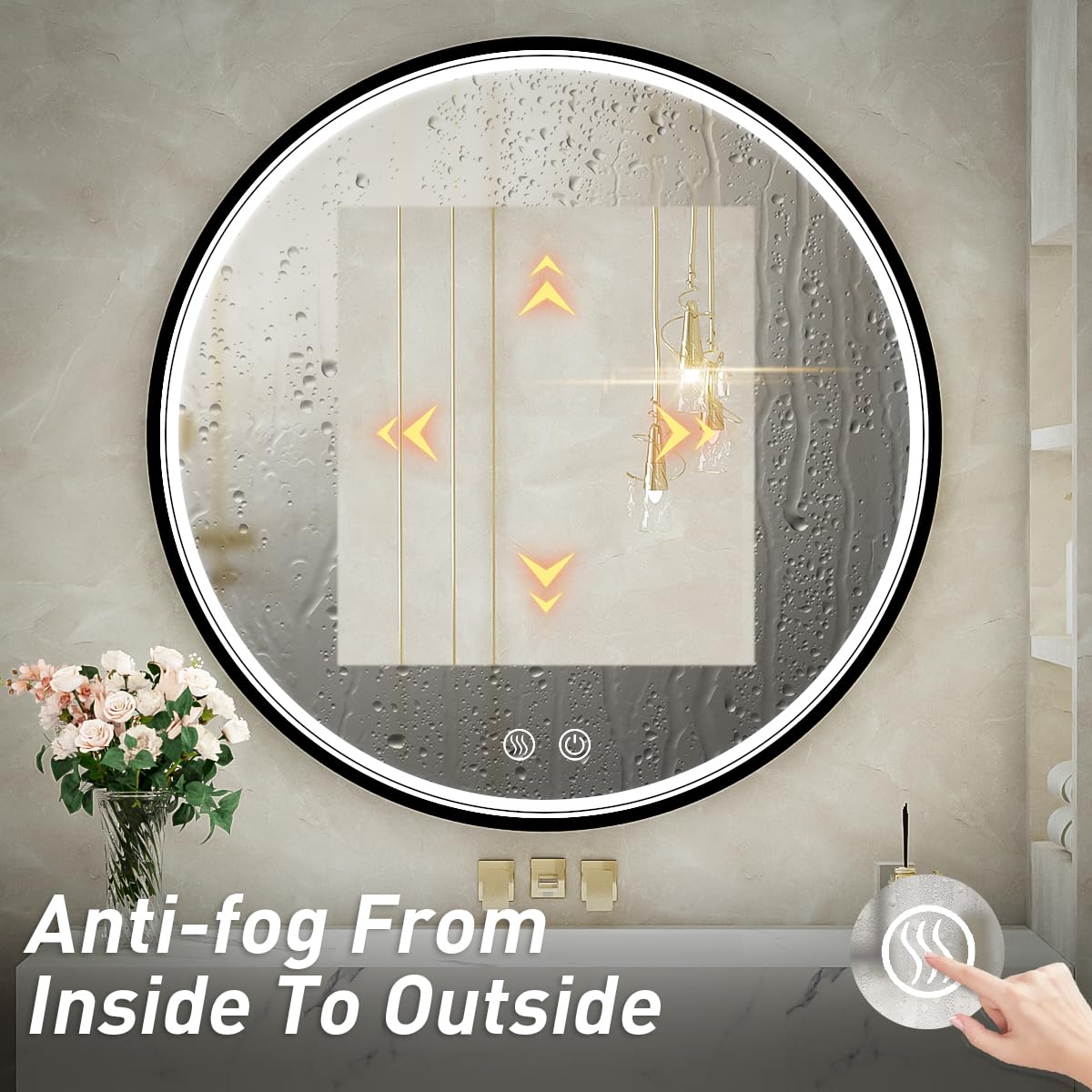 LED Round Mirror,36 Inch Gold Frame Bathroom Mirror with Light,6000K Lighted Vanity Mirror,Wall Mounted,Anti-Fog & Dimmable Touch Switch, Waterproof IP54