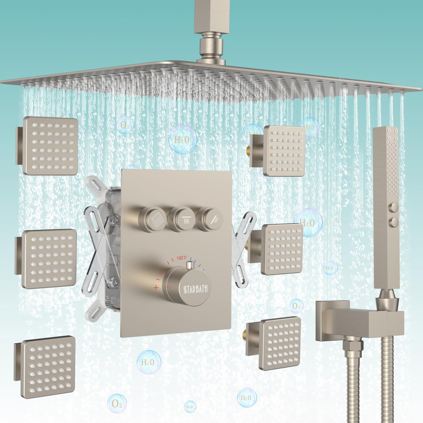 Gold Shower System, 12 Inch Shower Jets System Rain Shower Wall Mounted Body Spray Shower Faucet with Handheld and 6 Shower Jets Thermostatic Valve Body Can Use All Together-Brushed Gold