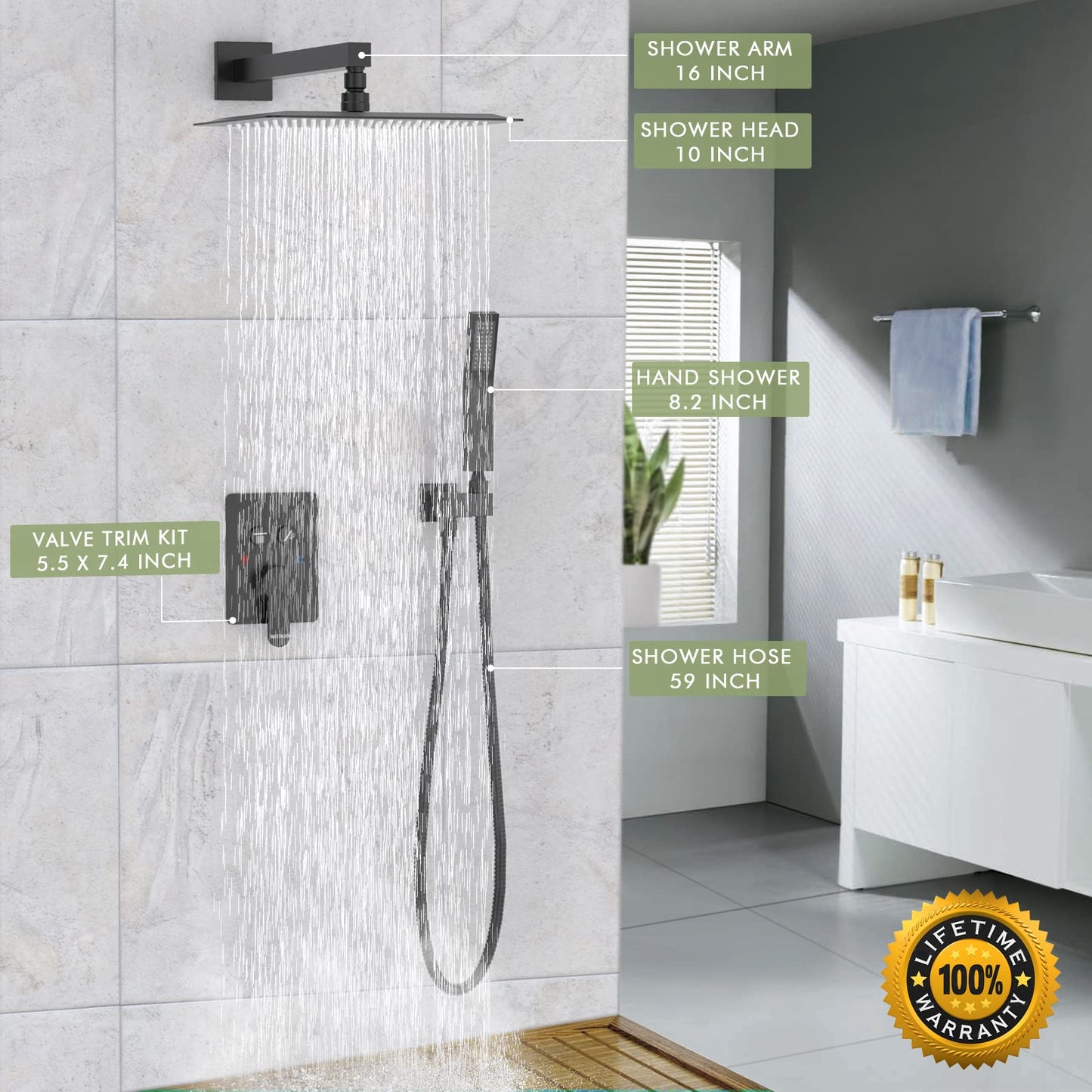Matte Black Shower System, Shower Faucet Set with 3 Way Pressure Balance Valve and Trim Kit All Metal 10 Inch Rainfall Shower Head System Wall Mounted Can Use All Faucets At Same Time