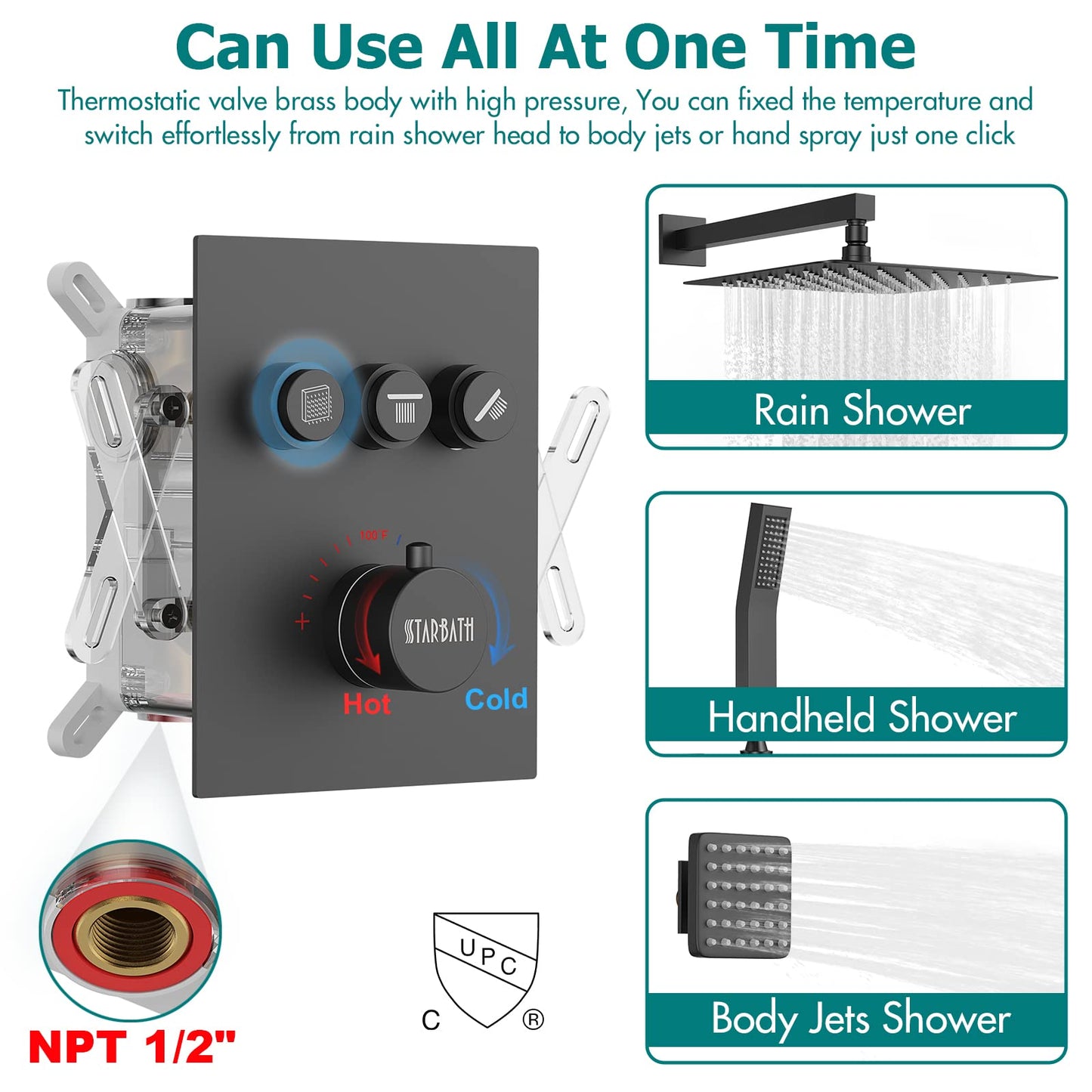 Gold Shower System, 12 Inch Shower Jets System Rain Shower Wall Mounted Body Spray Shower Faucet with Handheld and 6 Shower Jets Thermostatic Valve Body Can Use All Together-Brushed Gold