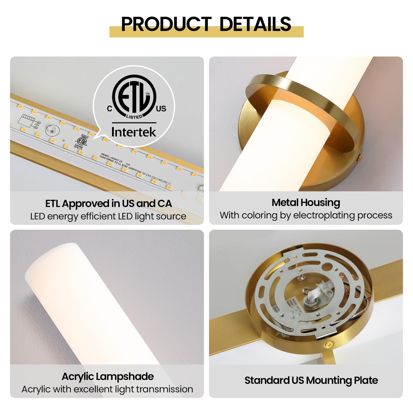 Gold Wall Sconces Set of Two - Dimmable Modern Sconces Wall Lighting 18W 3000K Led Wall Lights Acrylic Lampshade Hardwired Wall Light Fixtures for Living Room Bedroom Bathroom Hallway 18inch
