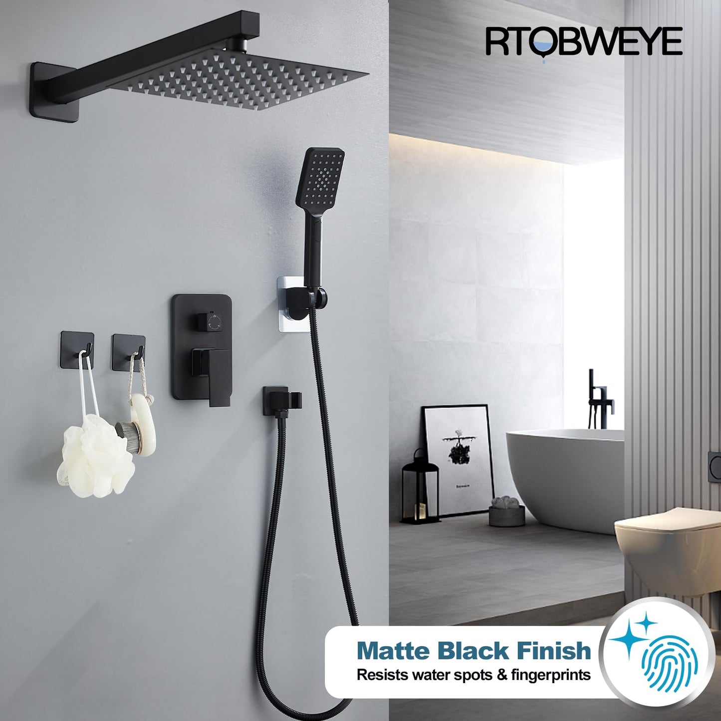 8 Inch Shower Faucet Set, Rainfall Shower System with High Pressure Handheld Shower Head, Bathroom Mixer Shower Set Wall Mounted Rough-in Valve and Trim Kit, with Tub Spout