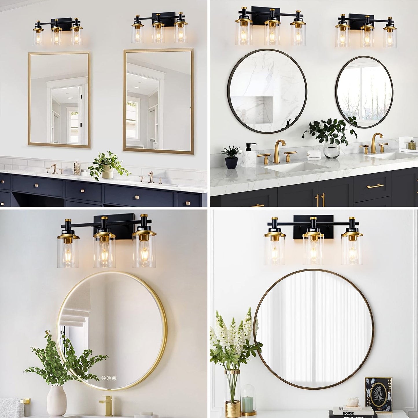 3 Light Bathroom Light Fixtures, Black and Brushed Gold Vanity Light Fixture Over Mirror, Modern Wall Sconces Lighting Wall Lamp for Bathroom, Bedroom, Hallway with Clear Glass Shade