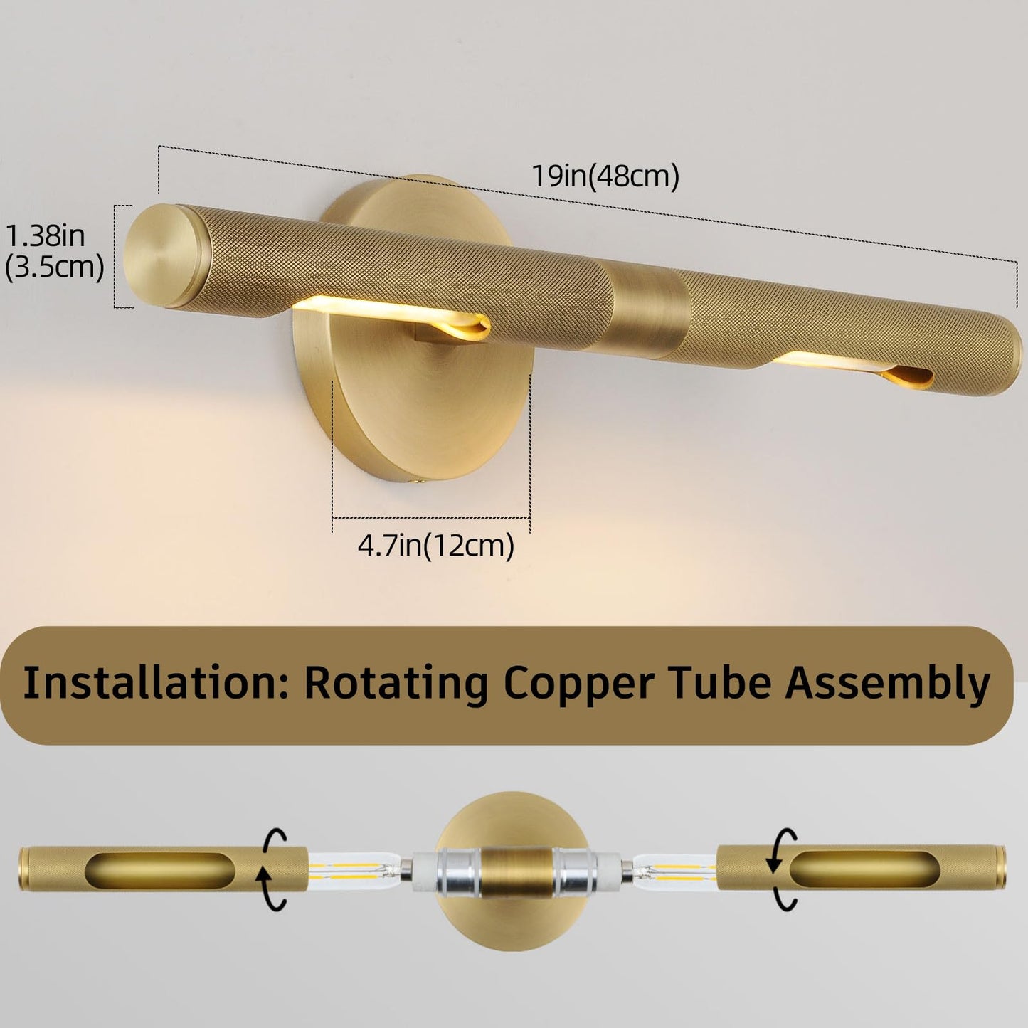 Knurled Brass Picture Light,19 in Gold Picture Lights For Wall,Rotatable 360° Wall Sconces Lighting,Bathroom Vanity Light,Bathroom Wall Sconce,Linear Knurled texture Wall Sconce,Includes bulbs