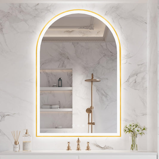 Arched LED Bathroom Mirror 24"x36" with Front and Backlight, Gold Bathroom Mirror with Lights-Anti-Fog, Dimmable-LED Mirror for Bathroom,UL Listed
