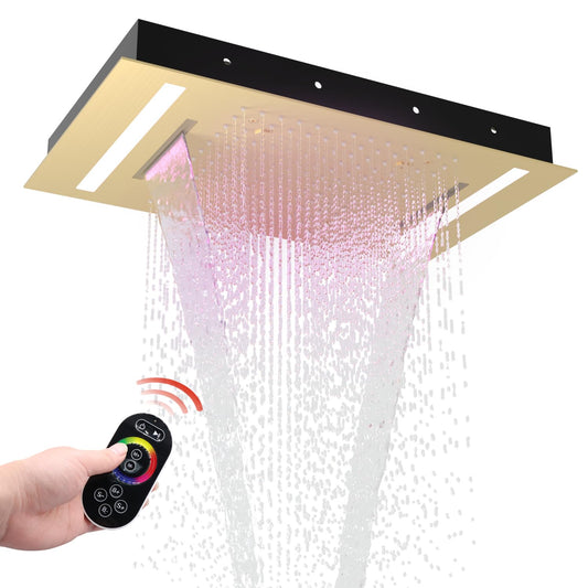 HOMEDEC 14x20inch Shower Head with 3 Functions Rainfall Waterfall Mist, High-Pressure Rainfall Spray Waterfall Shower Water Filter, Brushed Gold