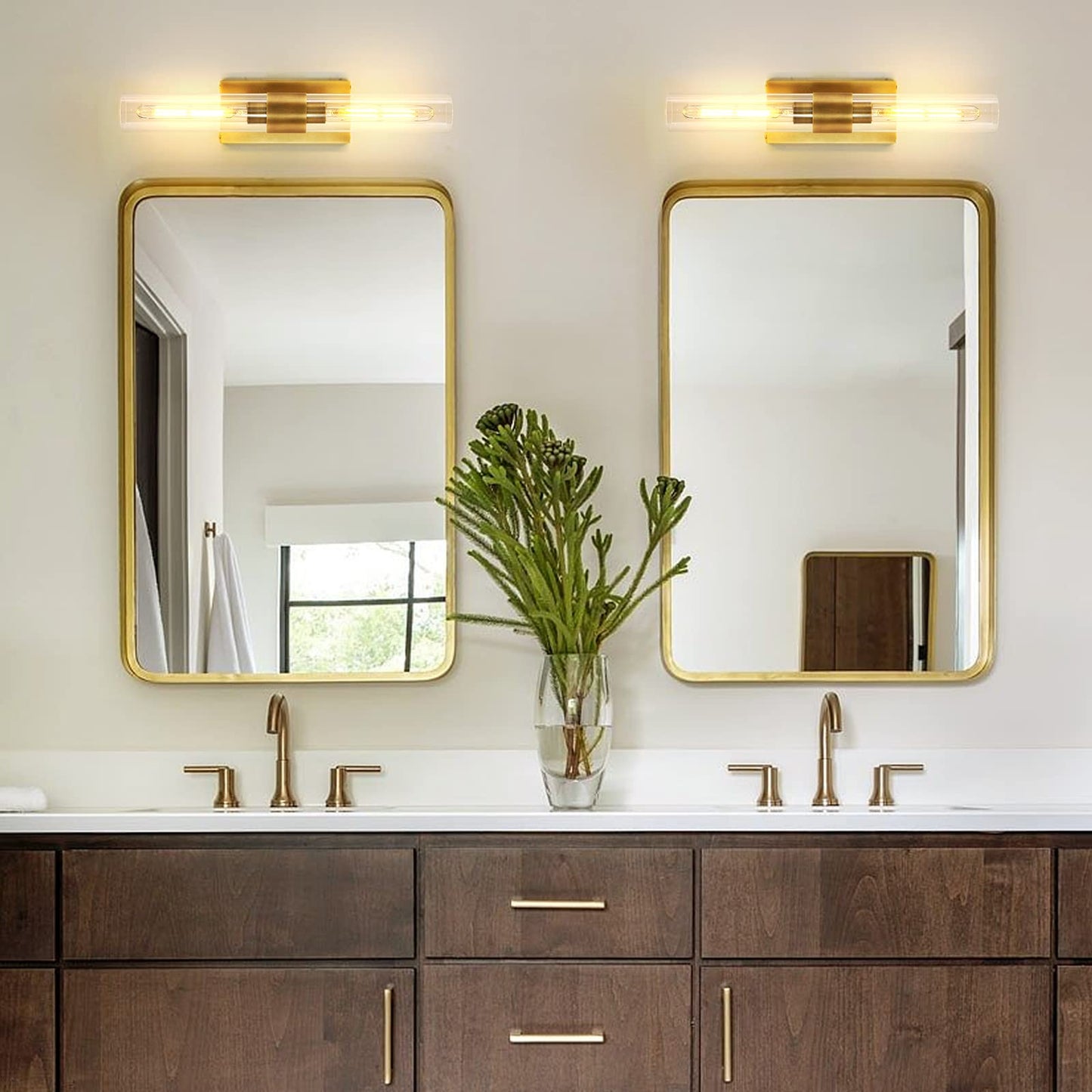 Brass Wall Sconces Set of Two, 22.8" Sconces Wall Lighting 2-Light, Gold Bathroom Vanity Wall Sconces, Glass Tube Wall Sconces, Indoor Wall Sconces for Bathroom, Bedroom, Vanity, Hallway
