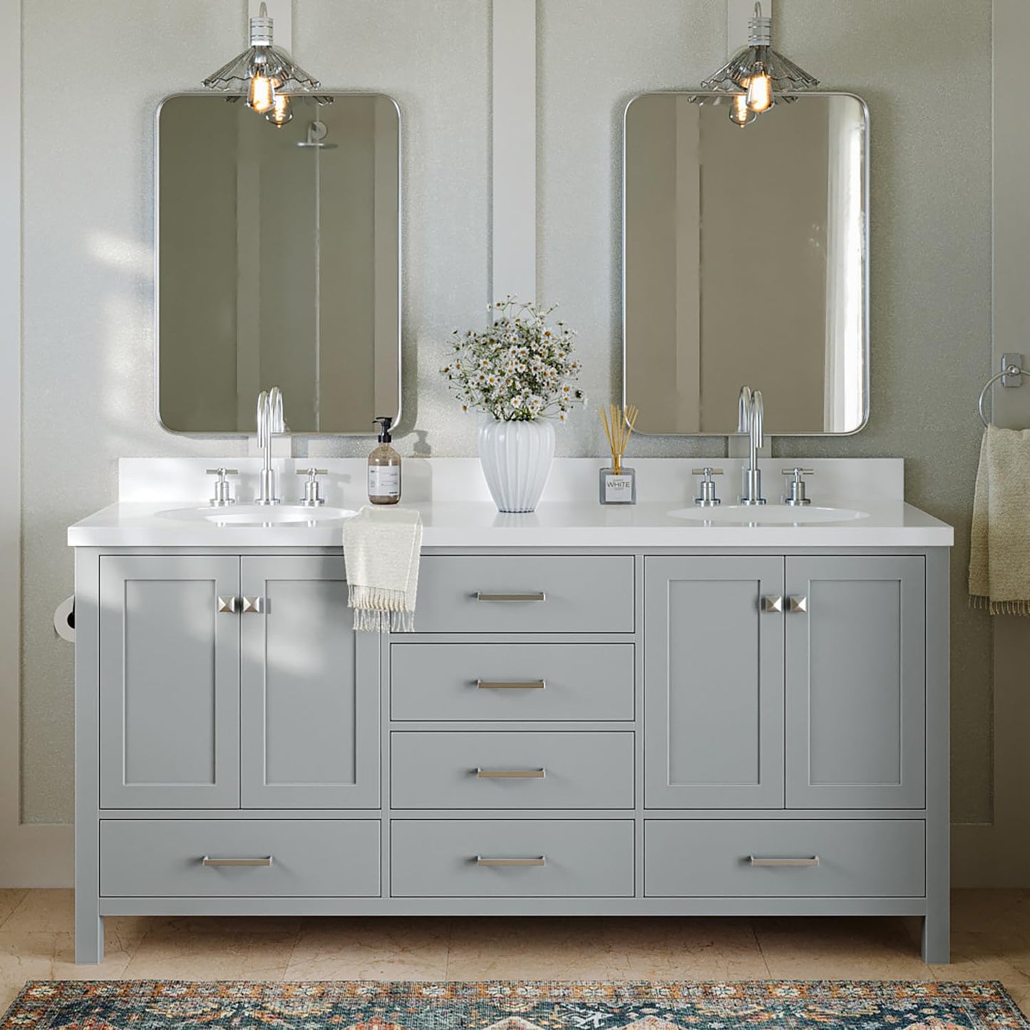 ARIEL 72" Midnight Blue Double Bathroom Vanity Base Cabinet, Double Sink Configuration, 2 Soft Closing Doors, 9 Full Extension Dovetail Drawers, Satin Brass