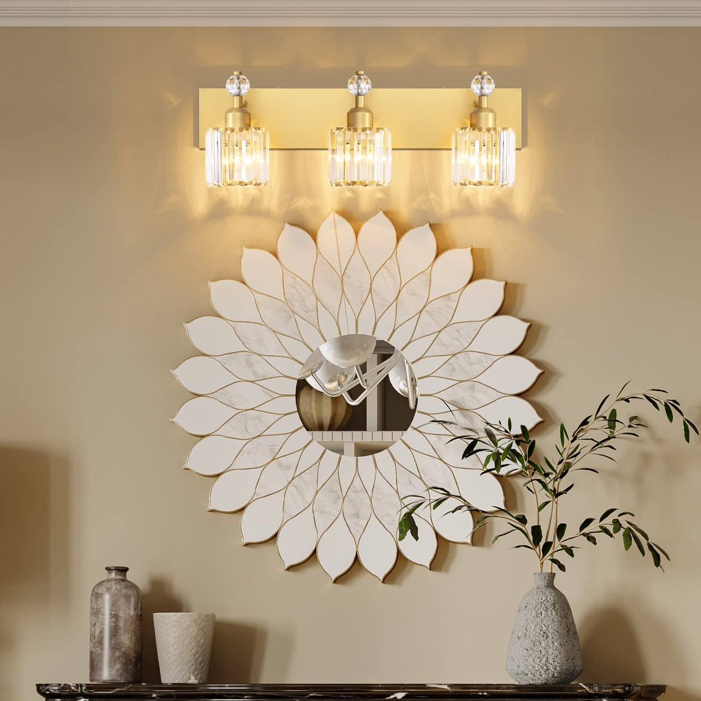 PRESDE Black Gold Crystal Bathroom Vanity Lights Fixtures Over Mirror Modern 3 Light Bath Wall Lighting