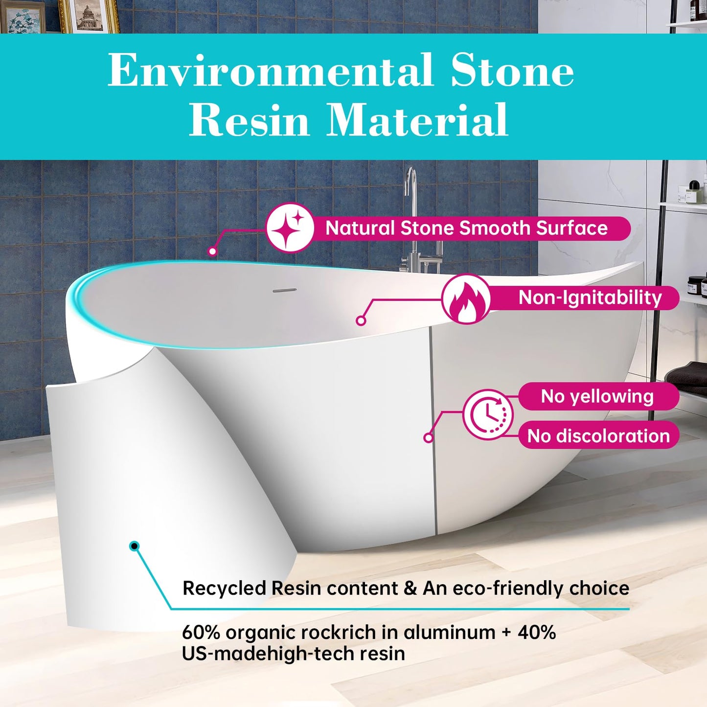 51'' Japanese Soaking Tub Freestanding Bathtub Resin Stone Bathtubs Deep soaking Tub with Overflow and Pop-up Drain - White