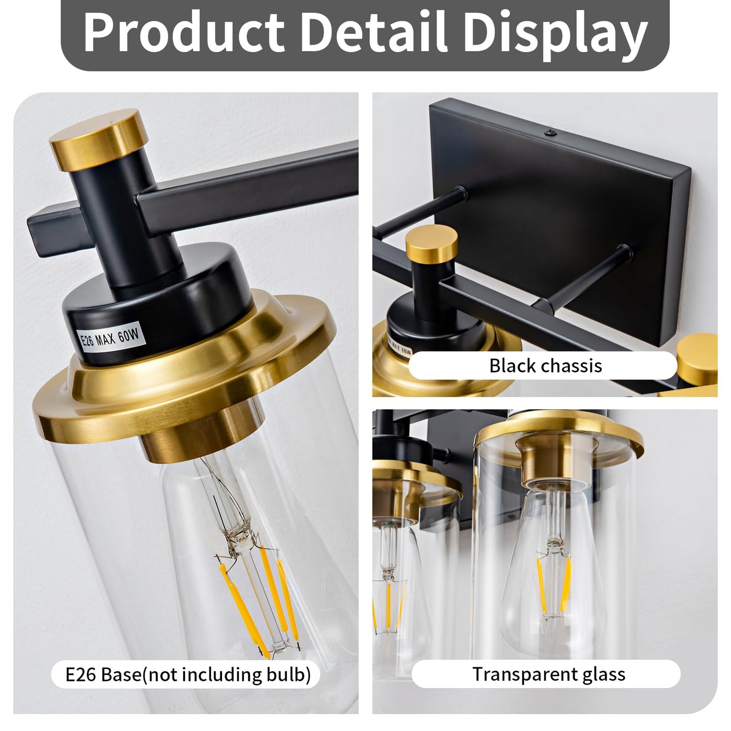 3 Light Bathroom Light Fixtures, Black and Brushed Gold Vanity Light Fixture Over Mirror, Modern Wall Sconces Lighting Wall Lamp for Bathroom, Bedroom, Hallway with Clear Glass Shade