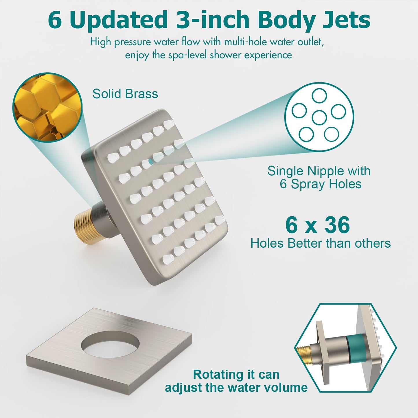Gold Shower System, 12 Inch Shower Jets System Rain Shower Wall Mounted Body Spray Shower Faucet with Handheld and 6 Shower Jets Thermostatic Valve Body Can Use All Together-Brushed Gold