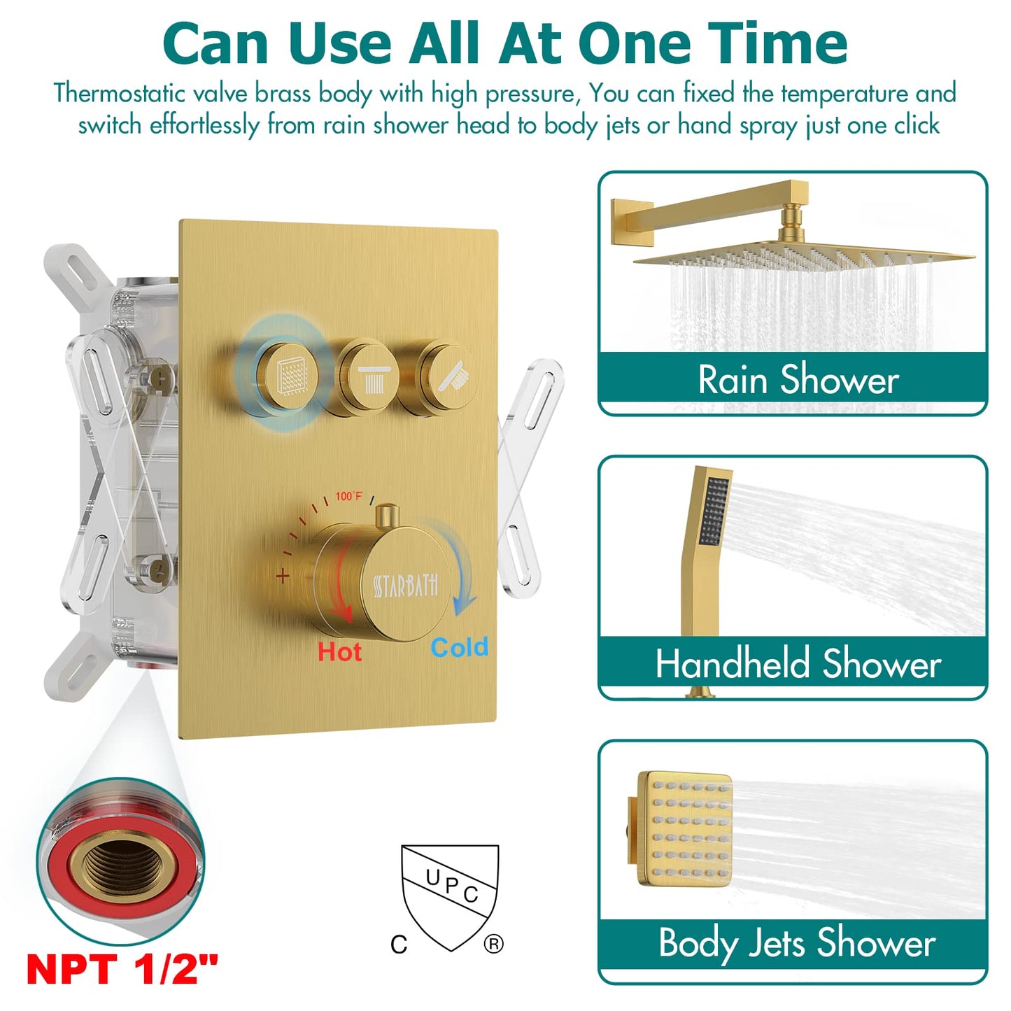 Gold Shower System, 12 Inch Shower Jets System Rain Shower Wall Mounted Body Spray Shower Faucet with Handheld and 6 Shower Jets Thermostatic Valve Body Can Use All Together-Brushed Gold