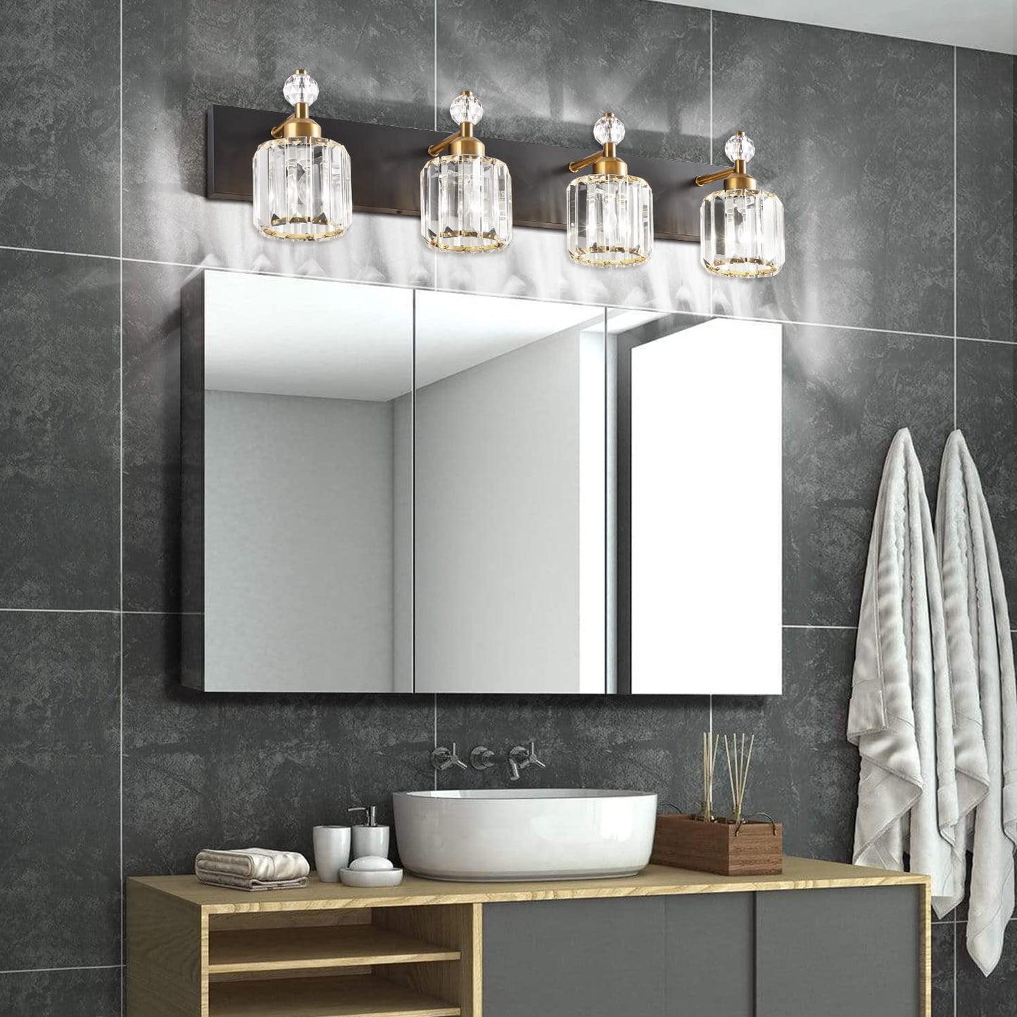 PRESDE Black Gold Crystal Bathroom Vanity Lights Fixtures Over Mirror Modern 3 Light Bath Wall Lighting
