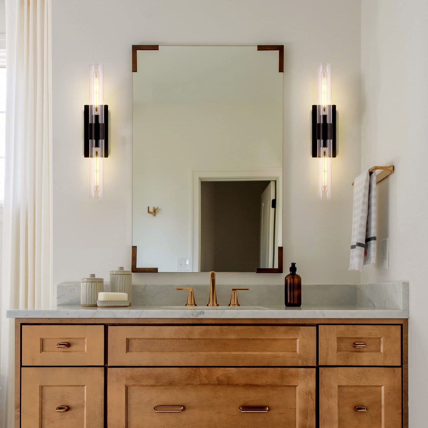 Brass Wall Sconces Set of Two, 22.8" Sconces Wall Lighting 2-Light, Gold Bathroom Vanity Wall Sconces, Glass Tube Wall Sconces, Indoor Wall Sconces for Bathroom, Bedroom, Vanity, Hallway