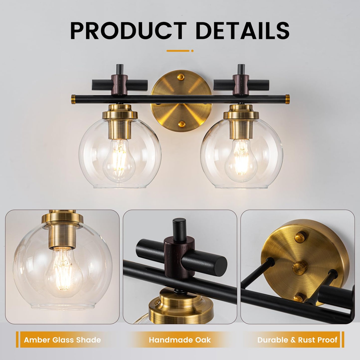 Bathroom Vanity Light, 3-Lights Vanity Lights for Bathroom, Bathroom Light Fixtures Over Mirror with Amber Glass Shade, 23 inch Modern Vanity Light (Amber Glass, 3 Lights)