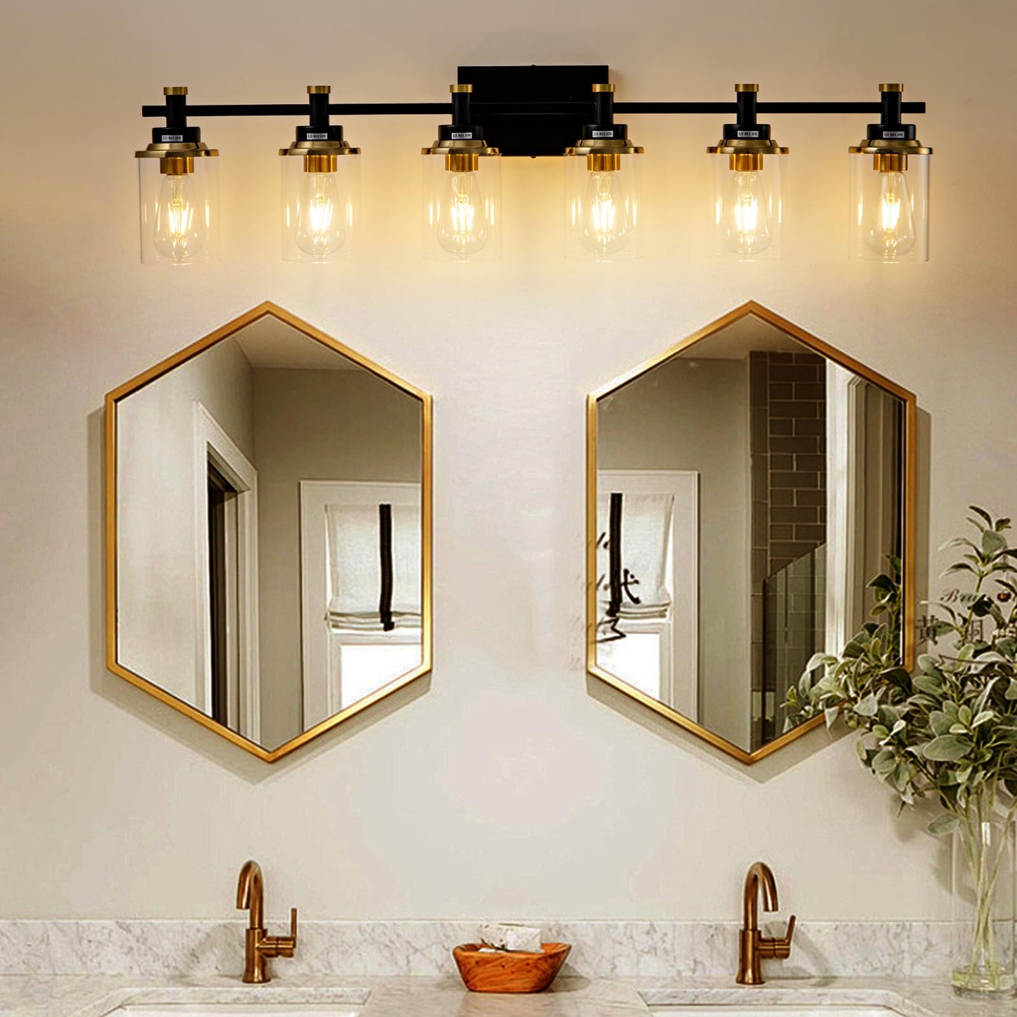 3 Light Bathroom Light Fixtures, Black and Brushed Gold Vanity Light Fixture Over Mirror, Modern Wall Sconces Lighting Wall Lamp for Bathroom, Bedroom, Hallway with Clear Glass Shade