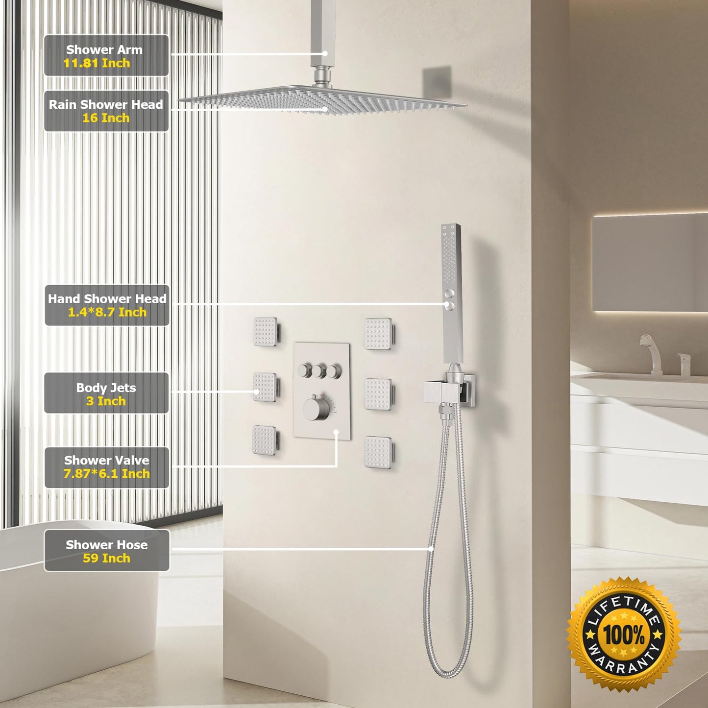 Gold Shower System, 12 Inch Shower Jets System Rain Shower Wall Mounted Body Spray Shower Faucet with Handheld and 6 Shower Jets Thermostatic Valve Body Can Use All Together-Brushed Gold
