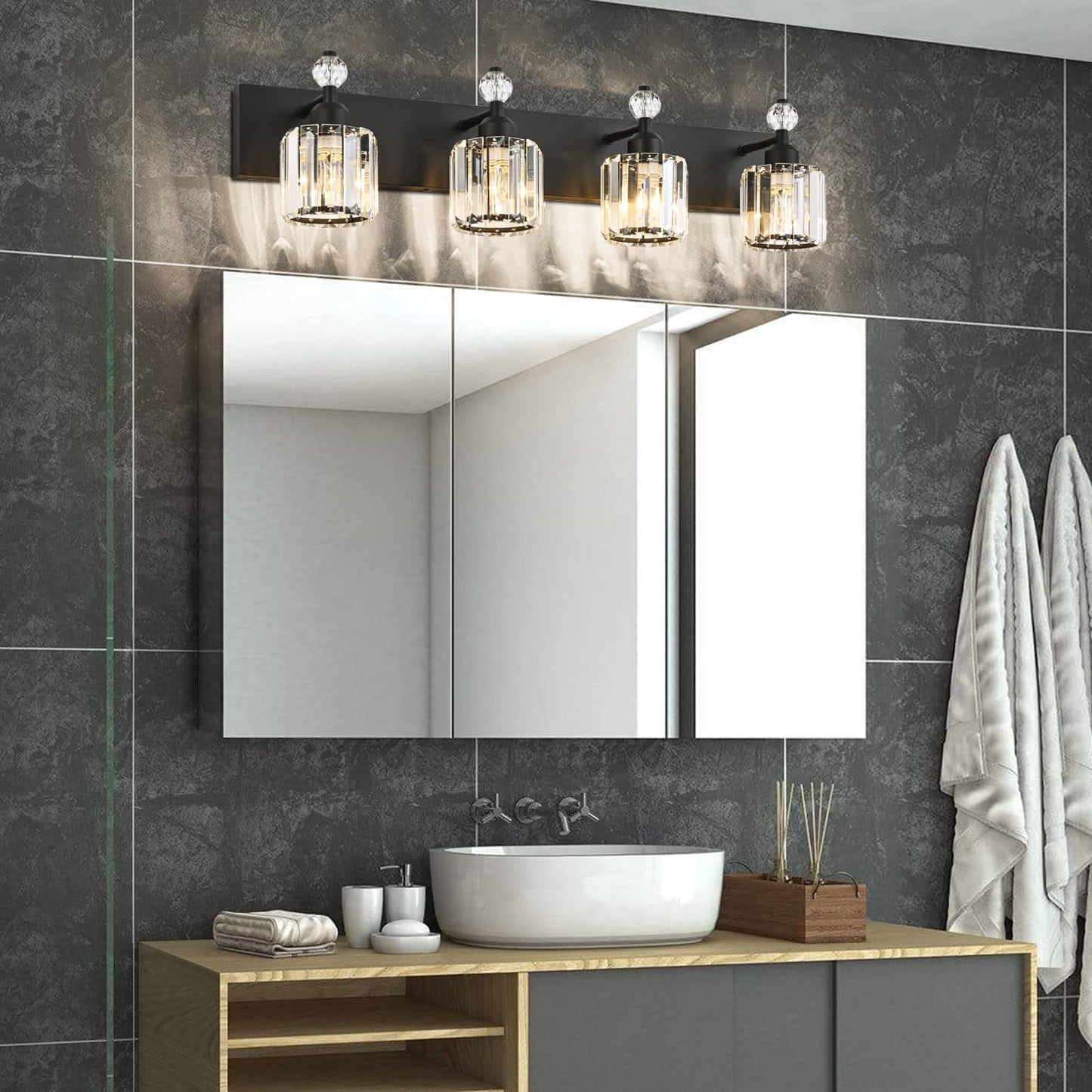 PRESDE Black Gold Crystal Bathroom Vanity Lights Fixtures Over Mirror Modern 3 Light Bath Wall Lighting