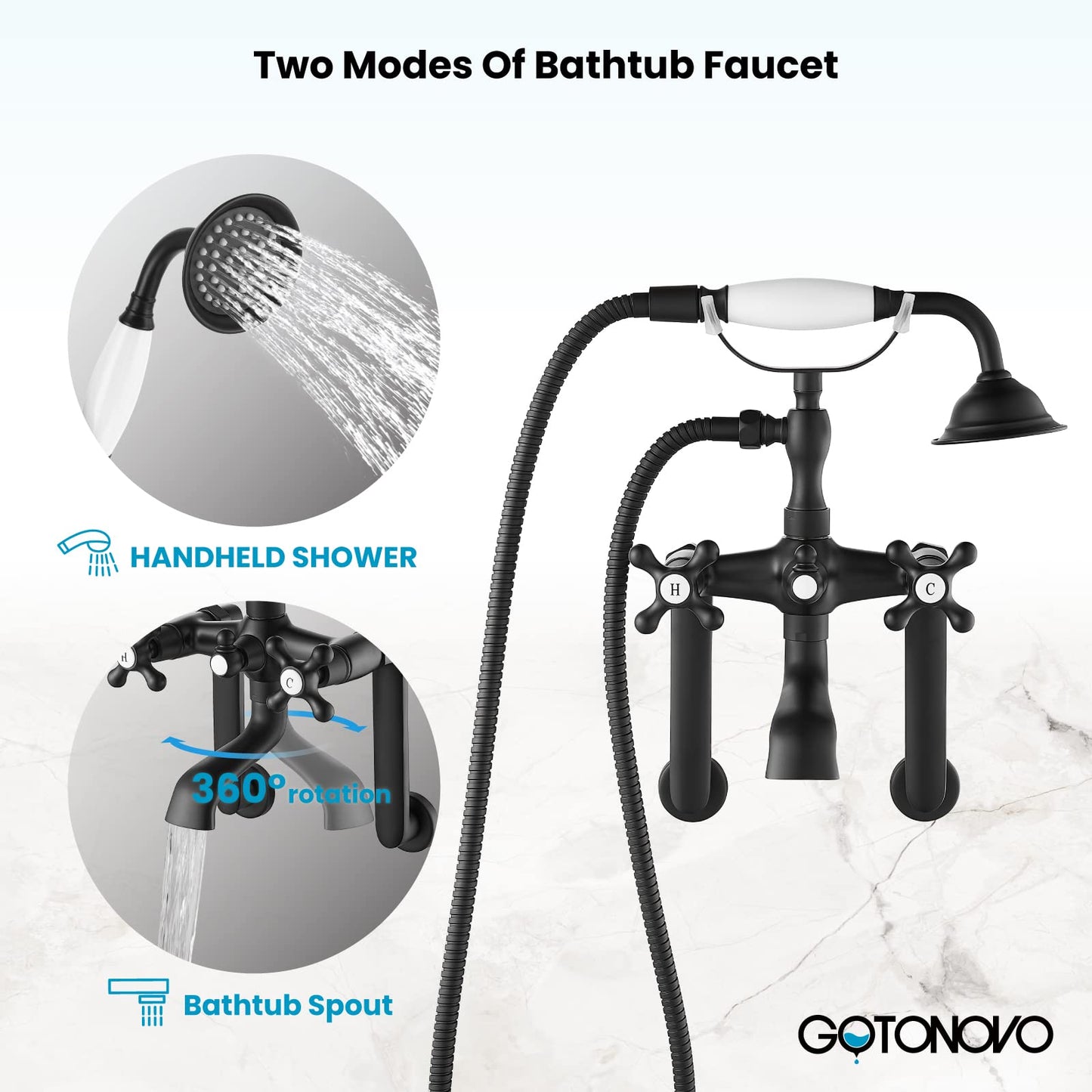 gotonovo Bathtub Clawfoot Faucet Brushed Nickel Finish Wall Mount Tub Filler with Hand Held Shower Faucet 2 Cross Handles with Tub Spout Victorian Vintage Telephone Style
