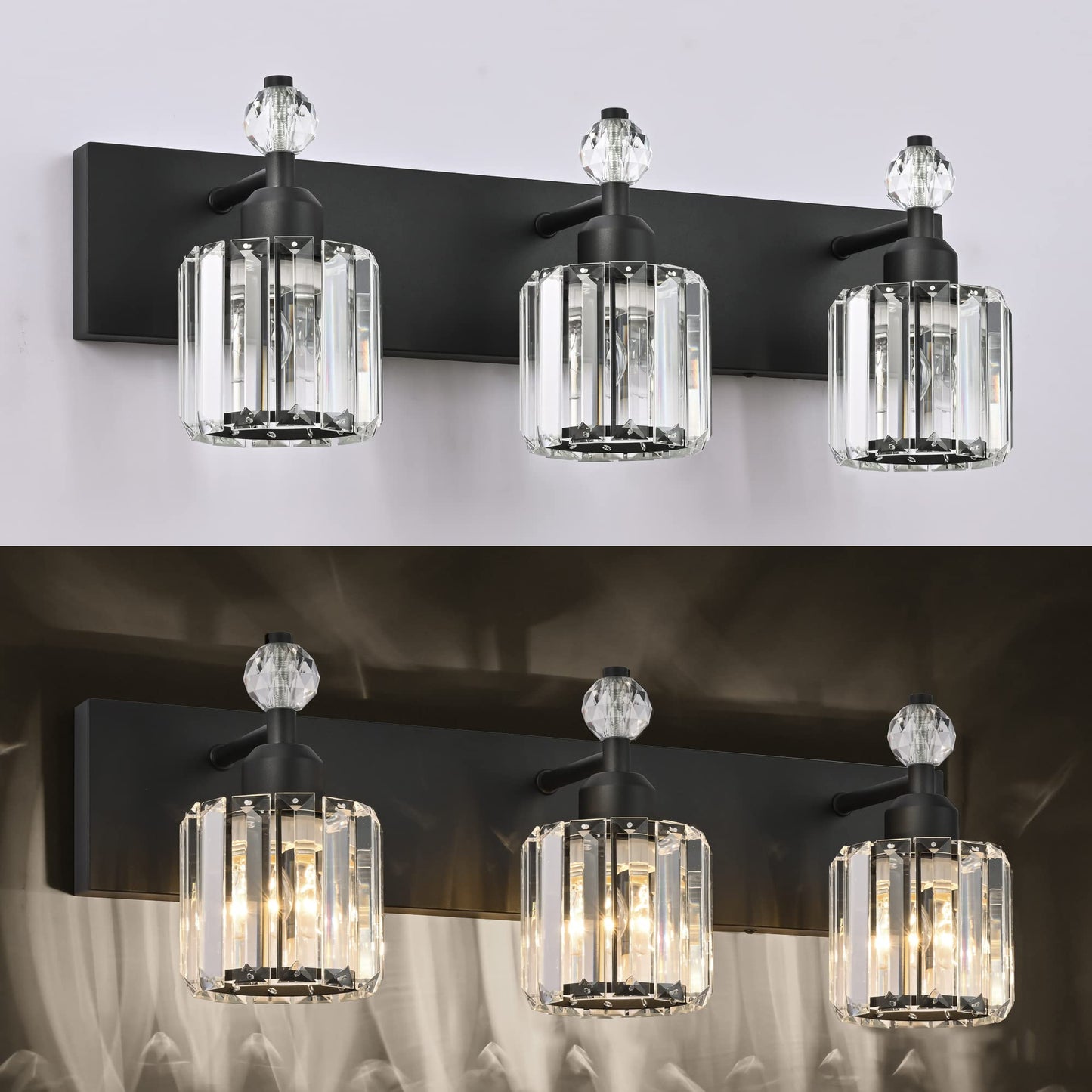 PRESDE Black Gold Crystal Bathroom Vanity Lights Fixtures Over Mirror Modern 3 Light Bath Wall Lighting