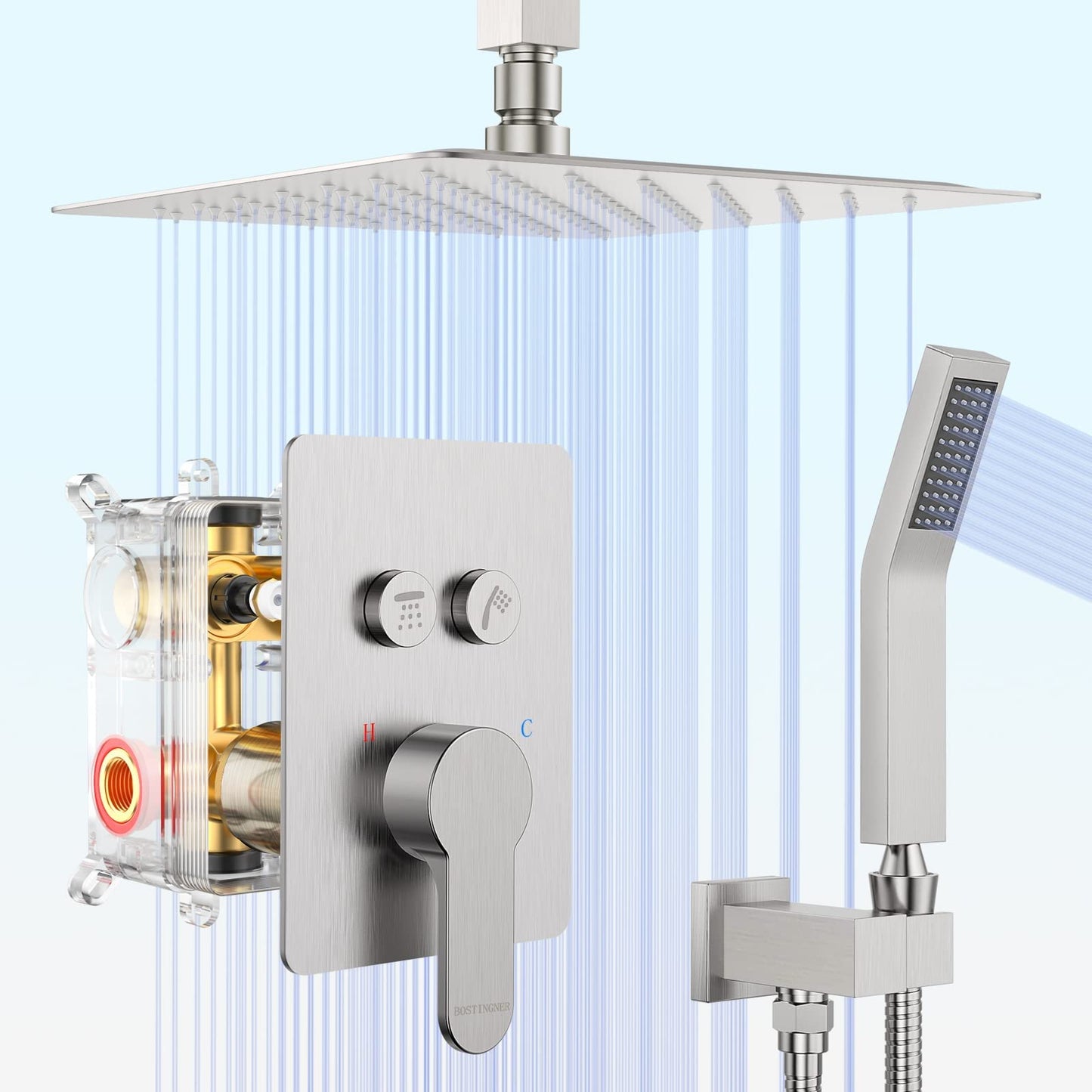 Matte Black Shower System, Shower Faucet Set with 3 Way Pressure Balance Valve and Trim Kit All Metal 10 Inch Rainfall Shower Head System Wall Mounted Can Use All Faucets At Same Time