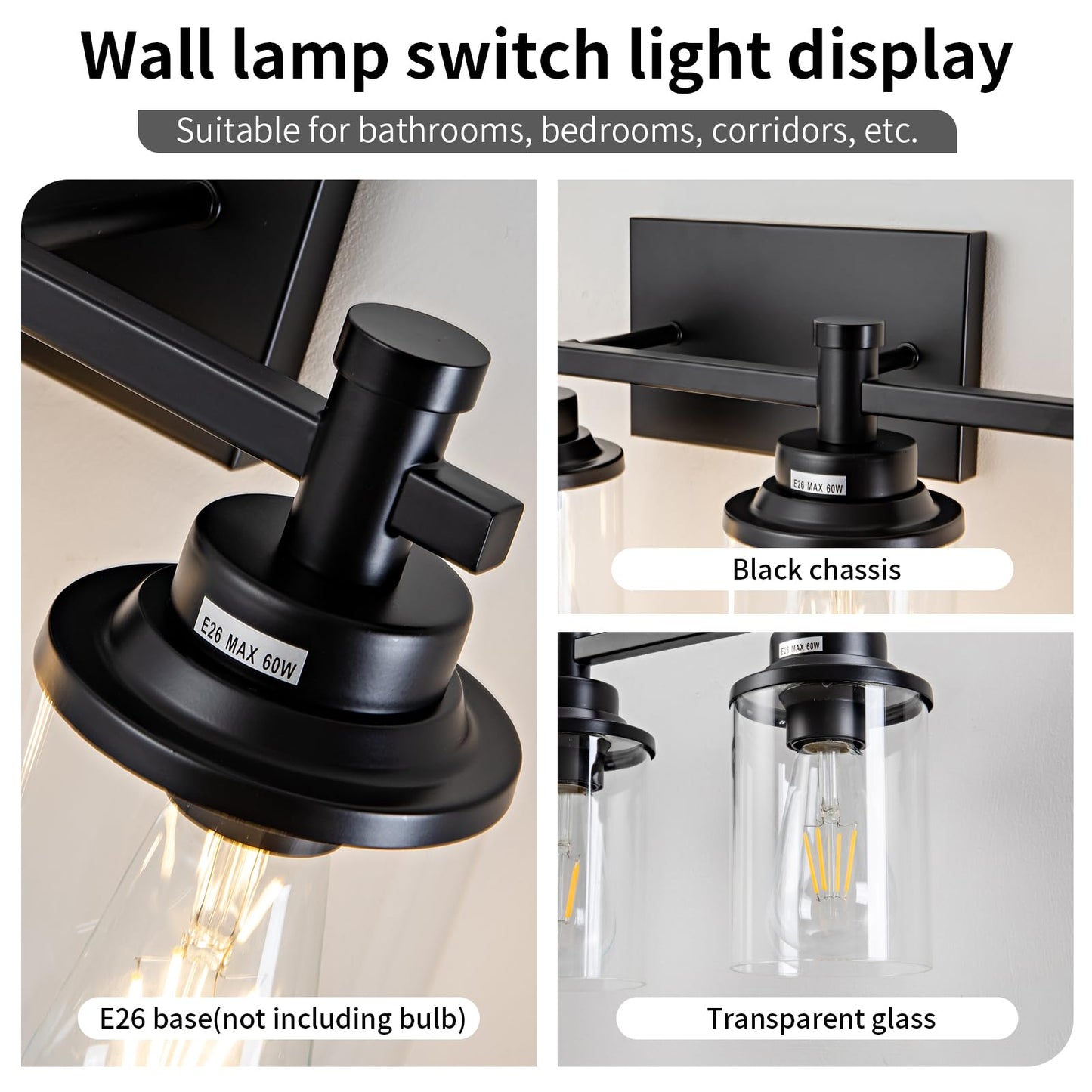 3 Light Bathroom Light Fixtures, Black and Brushed Gold Vanity Light Fixture Over Mirror, Modern Wall Sconces Lighting Wall Lamp for Bathroom, Bedroom, Hallway with Clear Glass Shade
