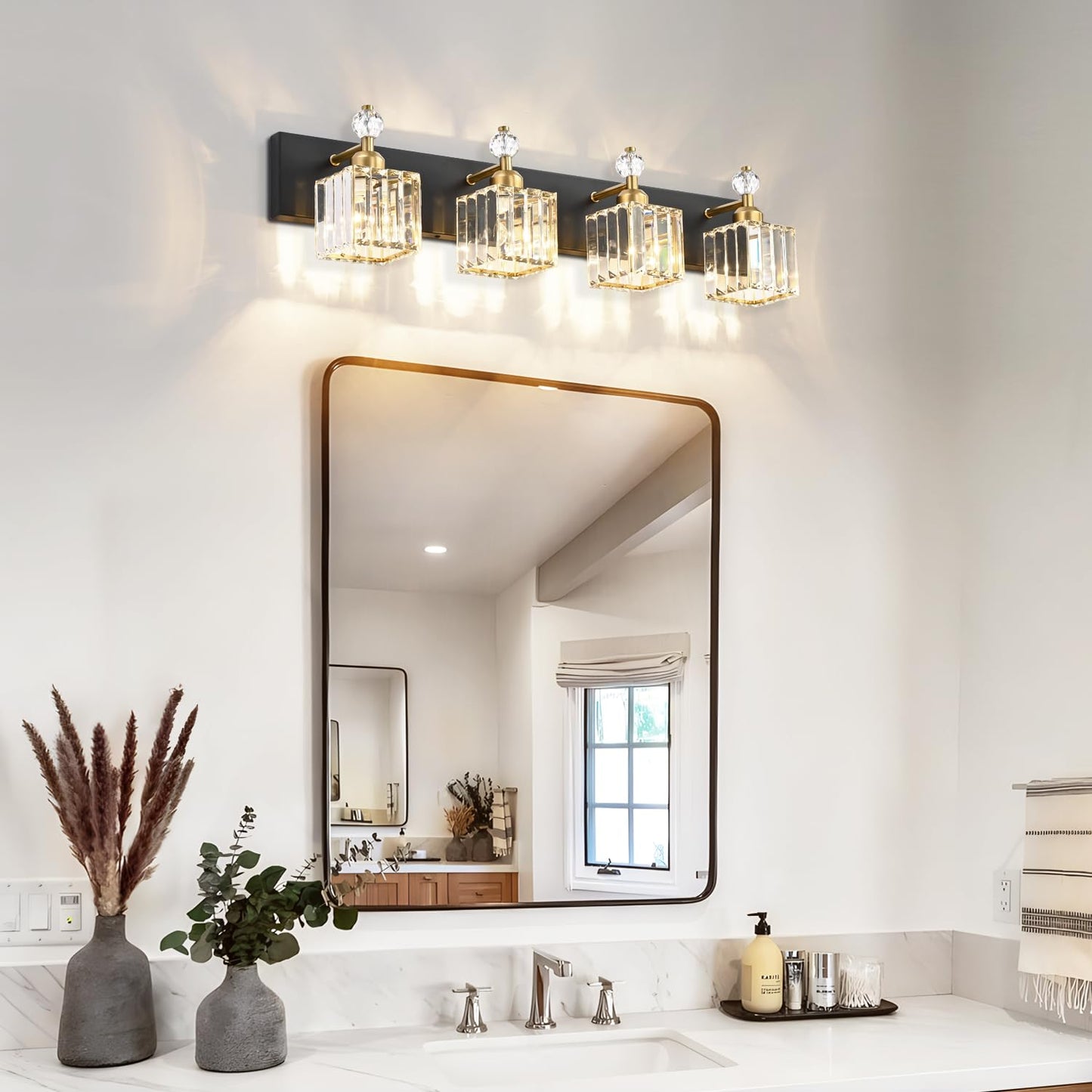 PRESDE Black Gold Crystal Bathroom Vanity Lights Fixtures Over Mirror Modern 3 Light Bath Wall Lighting
