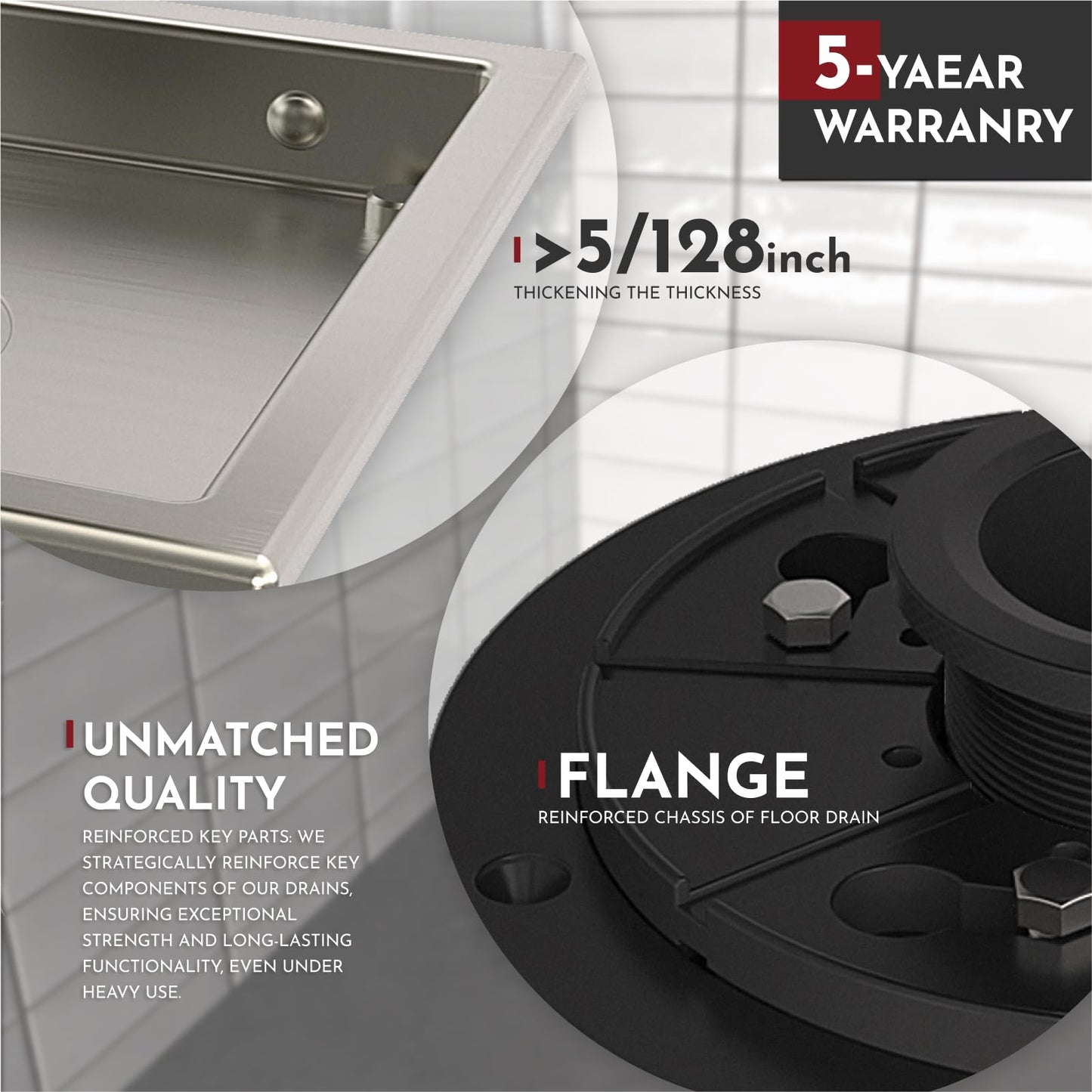 6 Inch Square Shower Floor Drain with Flange,Quadrato Pattern Grate Removable,Food-grade SUS 304 Stainless Steel,WATERMARK&CUPC Certified, Brushed Gold