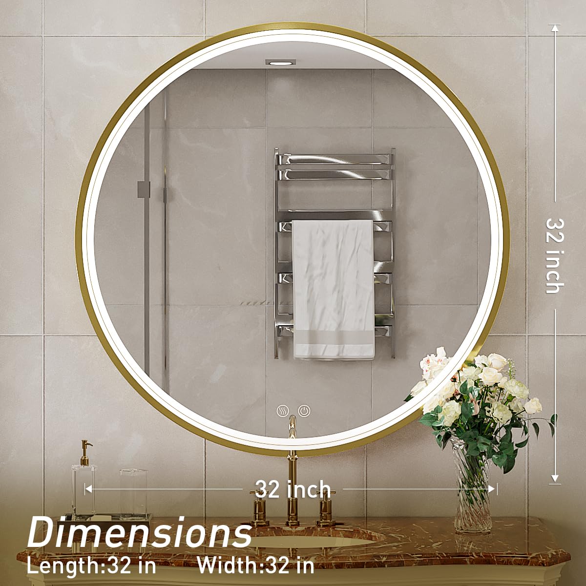 LED Round Mirror,36 Inch Gold Frame Bathroom Mirror with Light,6000K Lighted Vanity Mirror,Wall Mounted,Anti-Fog & Dimmable Touch Switch, Waterproof IP54