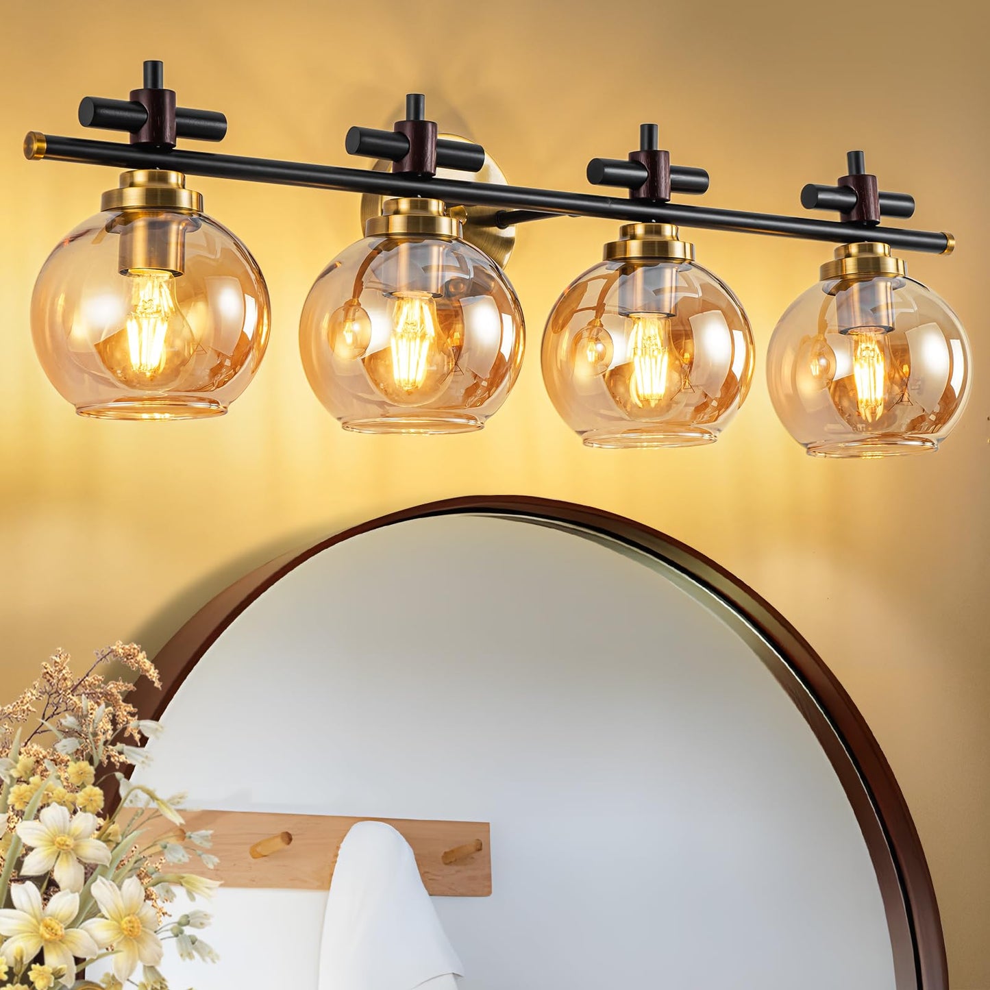 Bathroom Vanity Light, 3-Lights Vanity Lights for Bathroom, Bathroom Light Fixtures Over Mirror with Amber Glass Shade, 23 inch Modern Vanity Light (Amber Glass, 3 Lights)