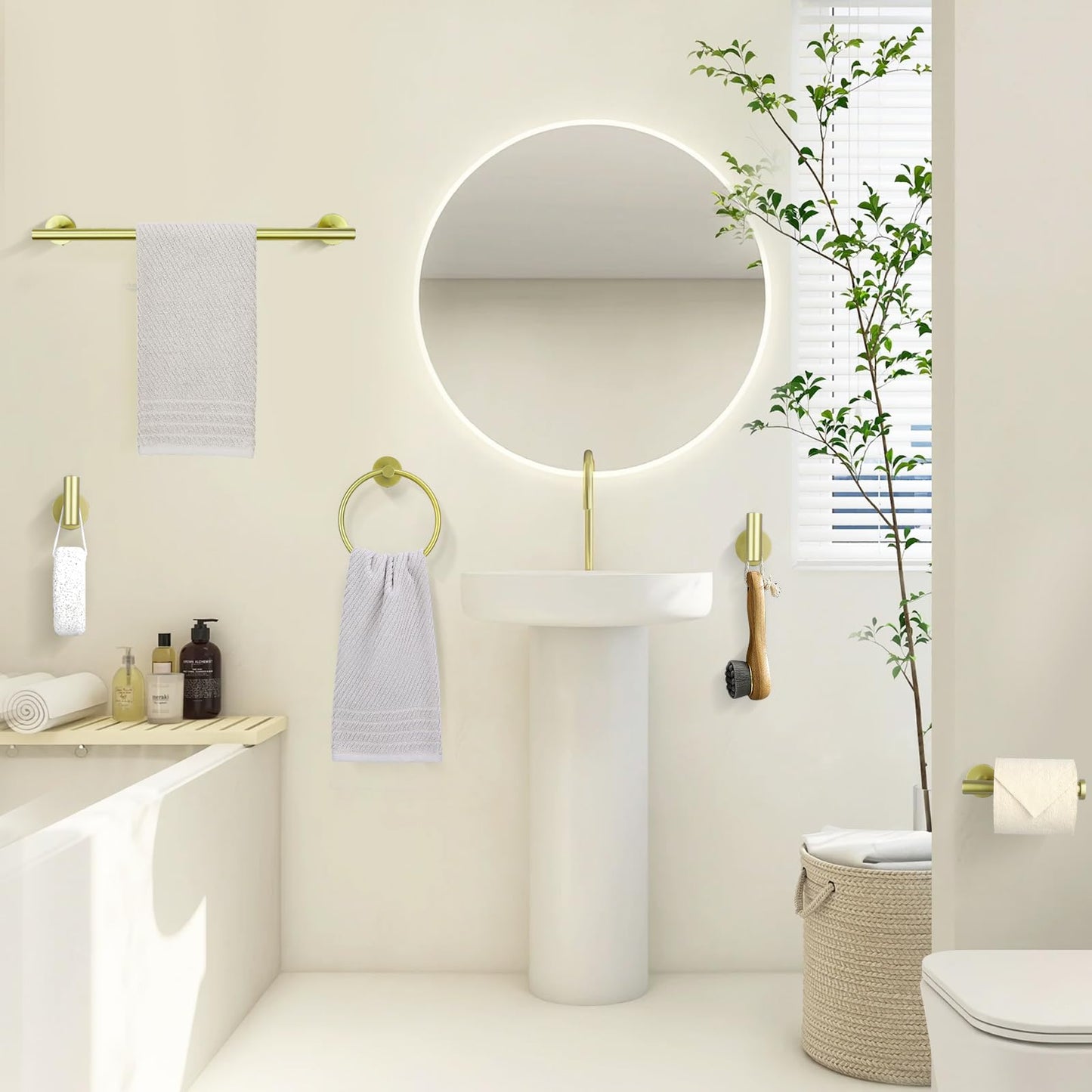 TURS Brushed Gold 5 Piece Bathroom Hardware Set, SUS304 Stainless Steel 24 Inch Bath Towel Bar Set, Round Bathroom Accessories Kit Wall Mounted