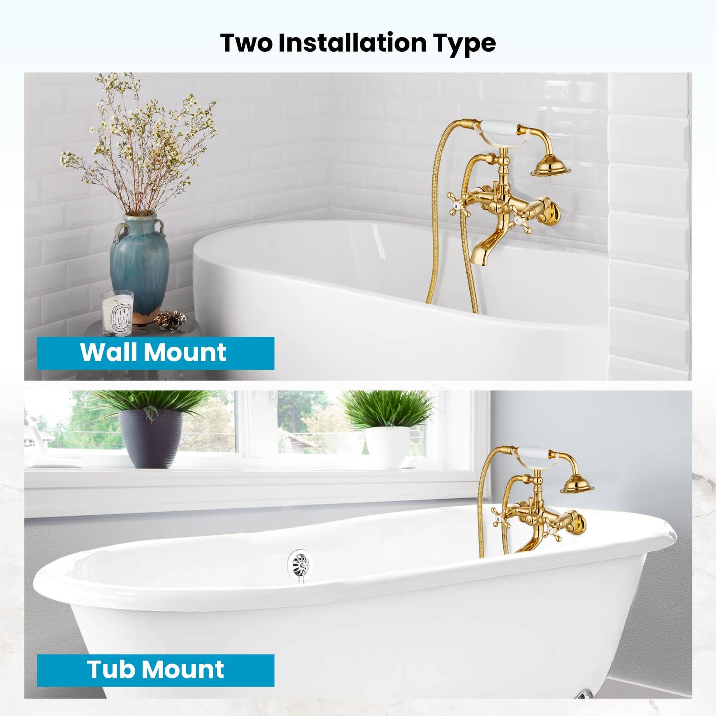 gotonovo Bathtub Clawfoot Faucet Brushed Nickel Finish Wall Mount Tub Filler with Hand Held Shower Faucet 2 Cross Handles with Tub Spout Victorian Vintage Telephone Style