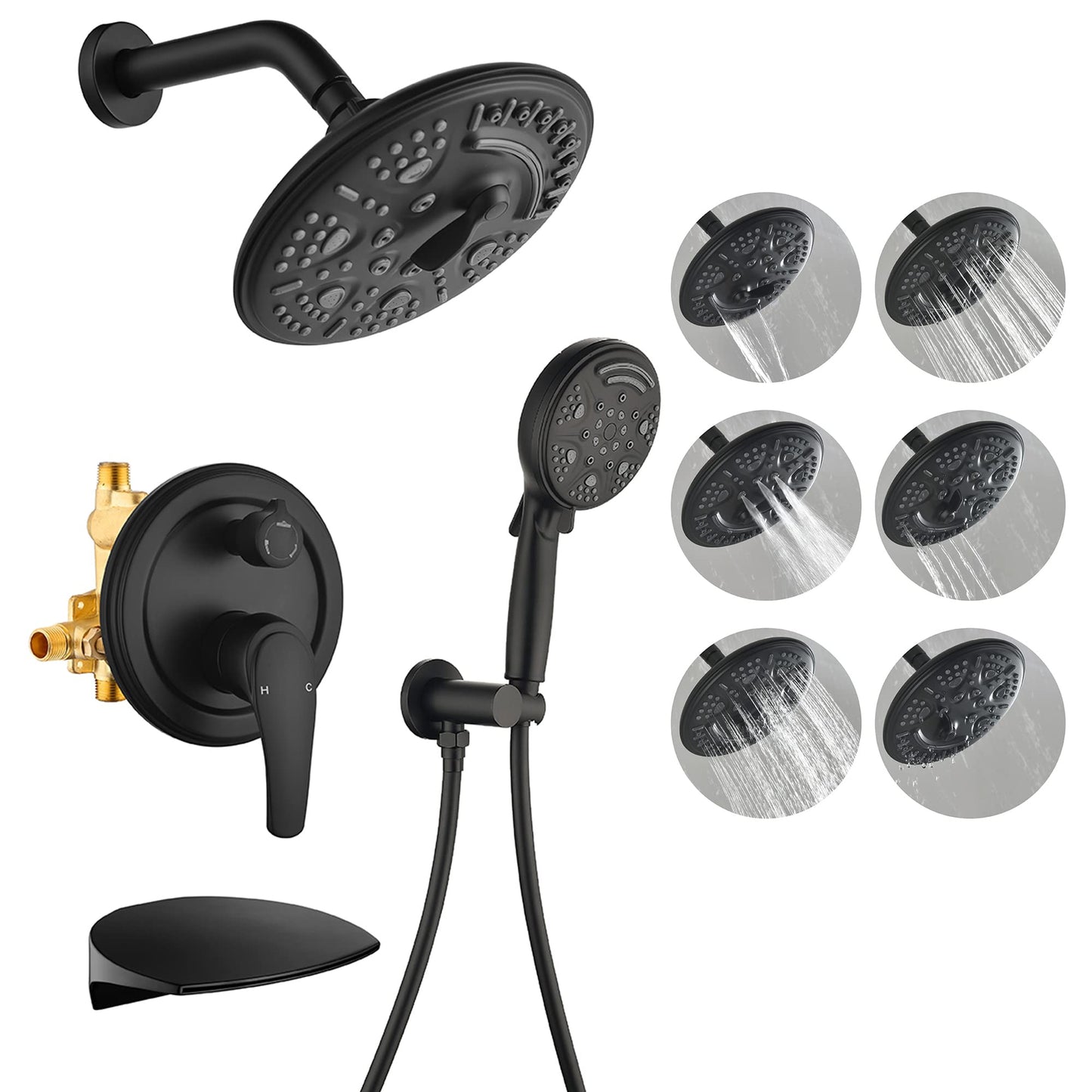 SHAMANDA Shower System with Waterfall Tub Spout and Handheld Shower Head, 12" Rain Shower Faucet Sets Complete with Shower Round-in Valve and Trim Wall Mount, Brushed Gold, L101-3