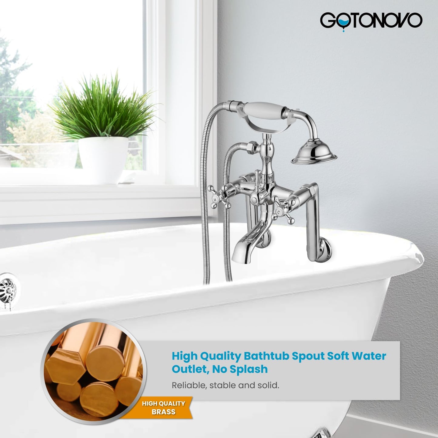 gotonovo Bathtub Clawfoot Faucet Brushed Nickel Finish Wall Mount Tub Filler with Hand Held Shower Faucet 2 Cross Handles with Tub Spout Victorian Vintage Telephone Style
