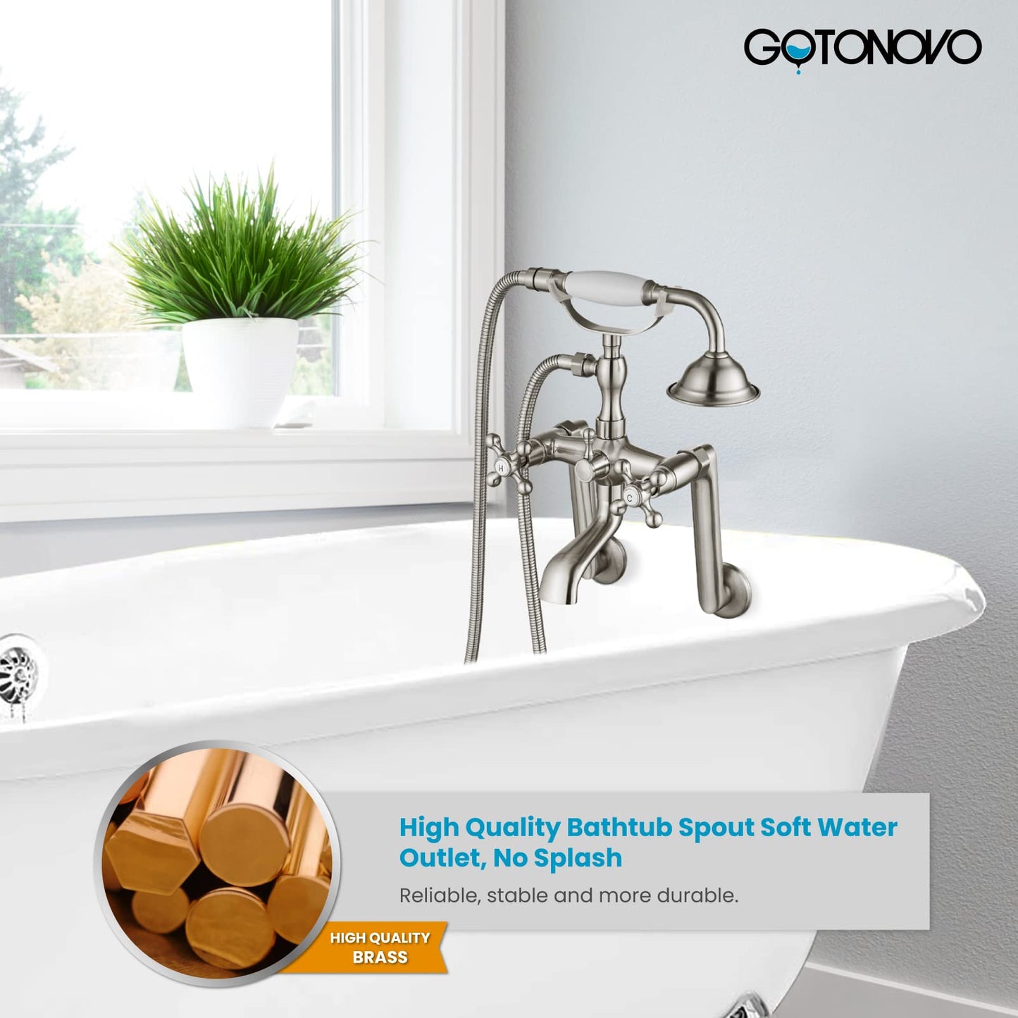 gotonovo Bathtub Clawfoot Faucet Brushed Nickel Finish Wall Mount Tub Filler with Hand Held Shower Faucet 2 Cross Handles with Tub Spout Victorian Vintage Telephone Style