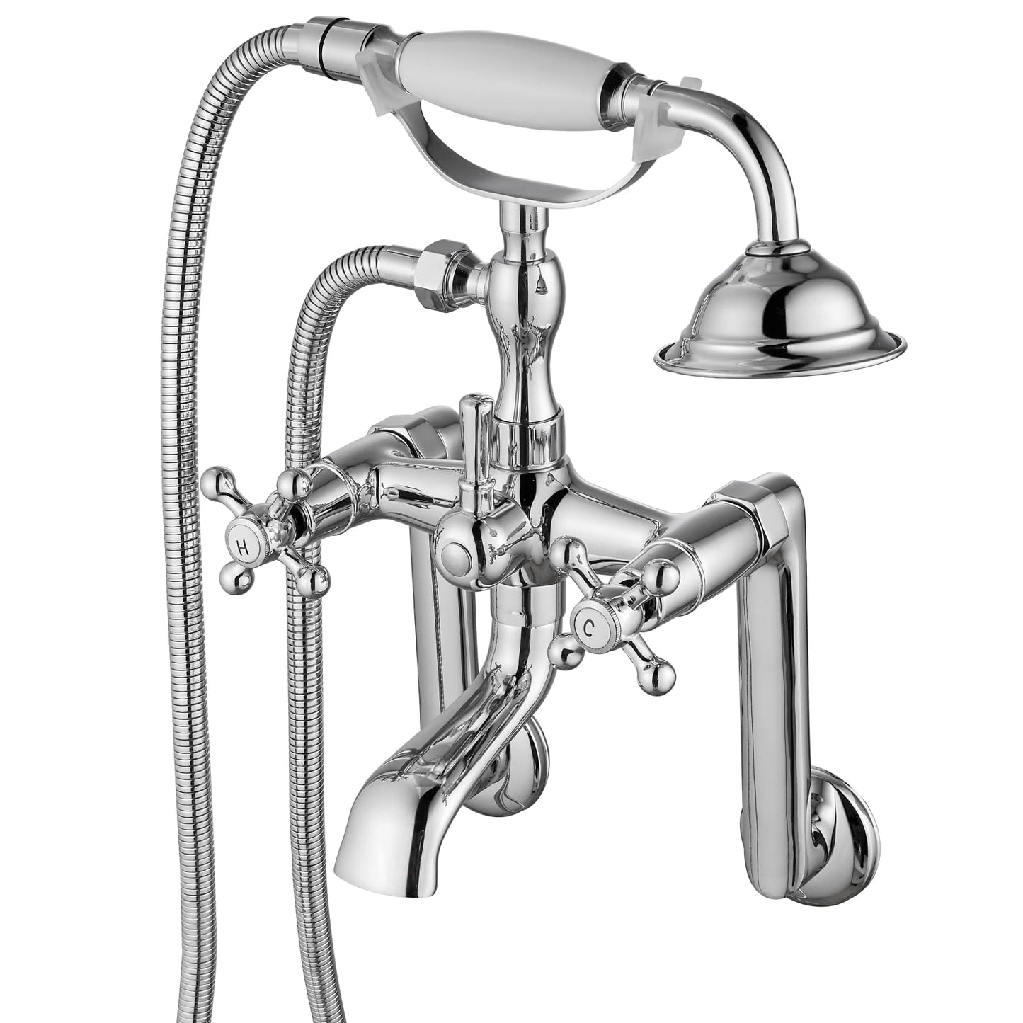 gotonovo Bathtub Clawfoot Faucet Brushed Nickel Finish Wall Mount Tub Filler with Hand Held Shower Faucet 2 Cross Handles with Tub Spout Victorian Vintage Telephone Style