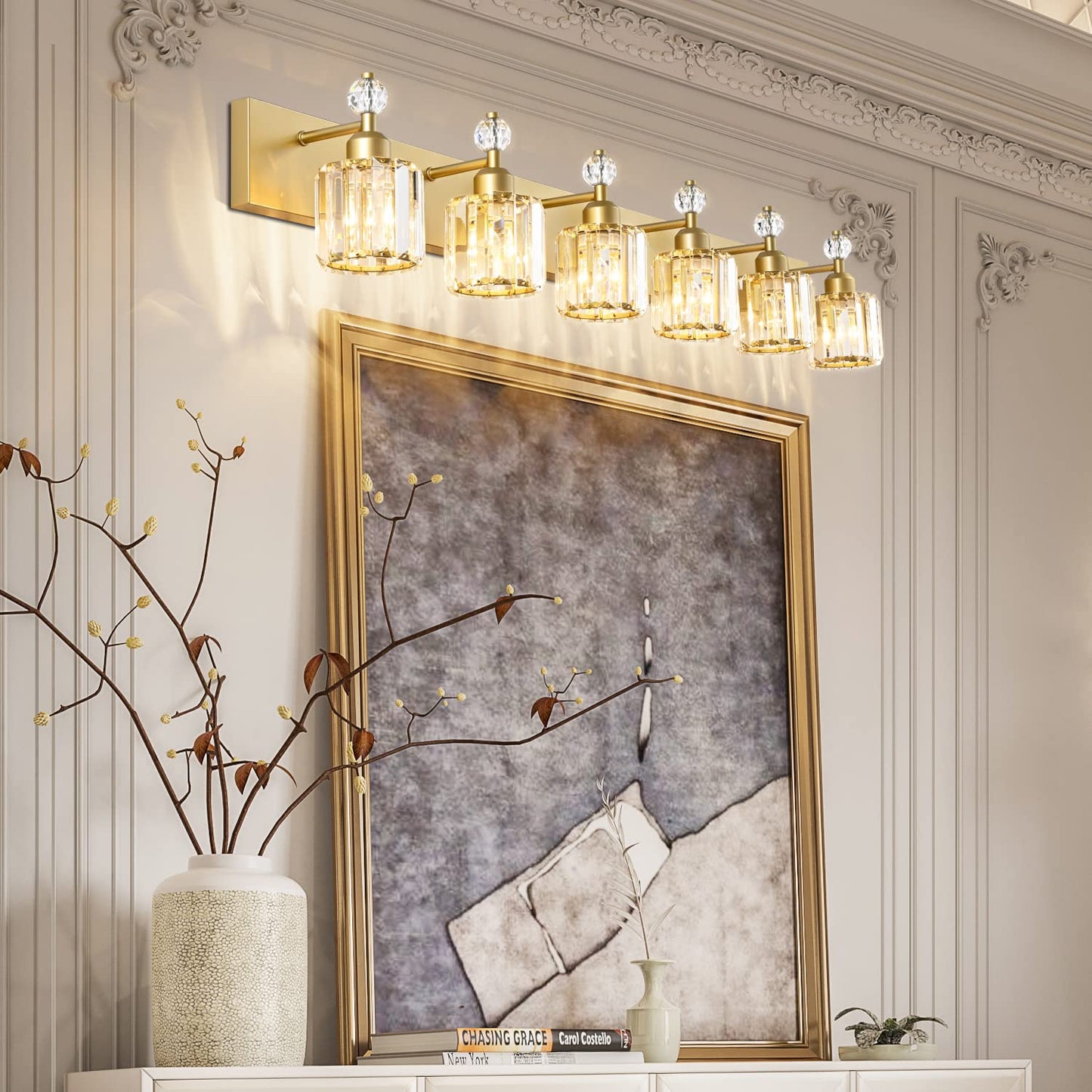 PRESDE Black Gold Crystal Bathroom Vanity Lights Fixtures Over Mirror Modern 3 Light Bath Wall Lighting