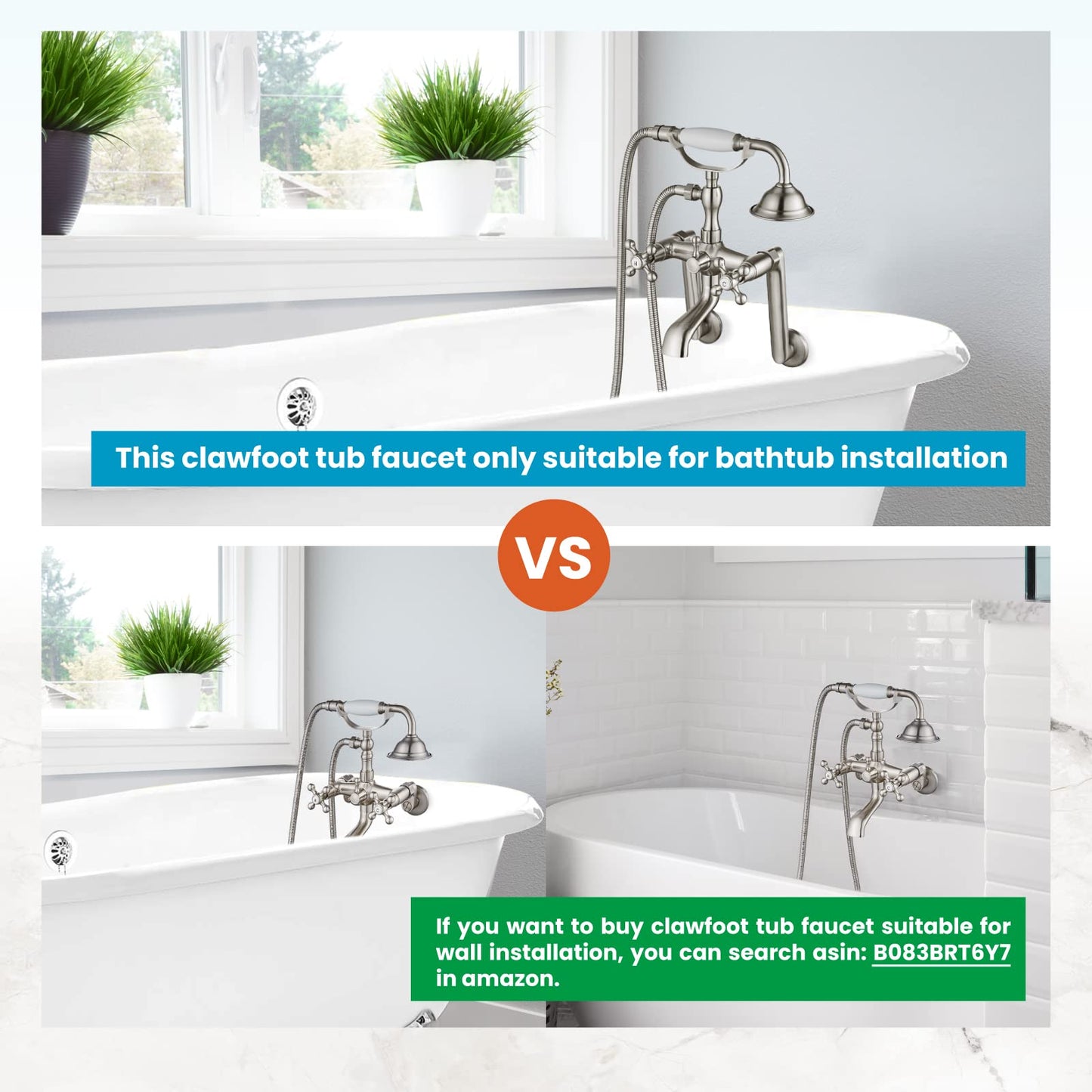 gotonovo Bathtub Clawfoot Faucet Brushed Nickel Finish Wall Mount Tub Filler with Hand Held Shower Faucet 2 Cross Handles with Tub Spout Victorian Vintage Telephone Style