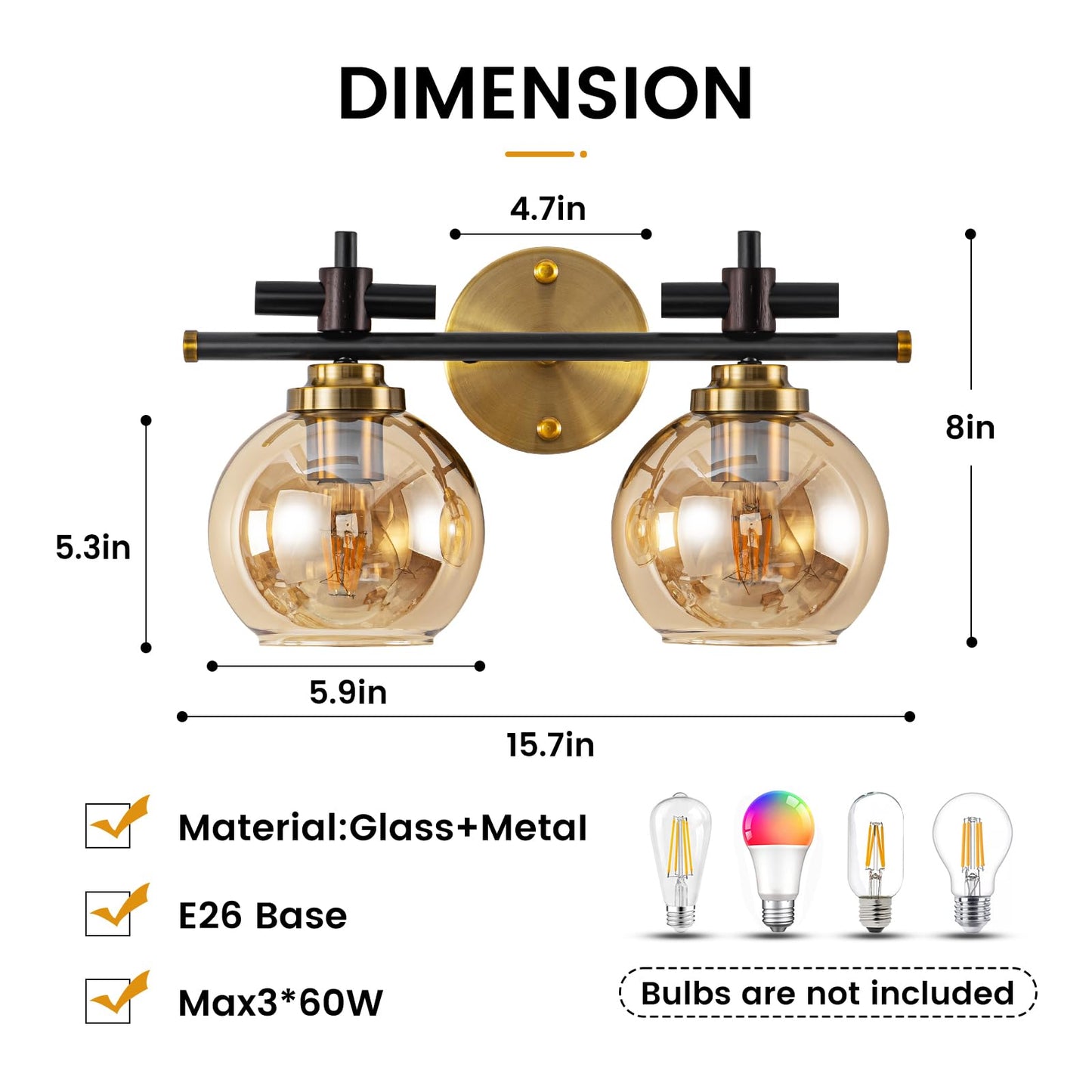Bathroom Vanity Light, 3-Lights Vanity Lights for Bathroom, Bathroom Light Fixtures Over Mirror with Amber Glass Shade, 23 inch Modern Vanity Light (Amber Glass, 3 Lights)