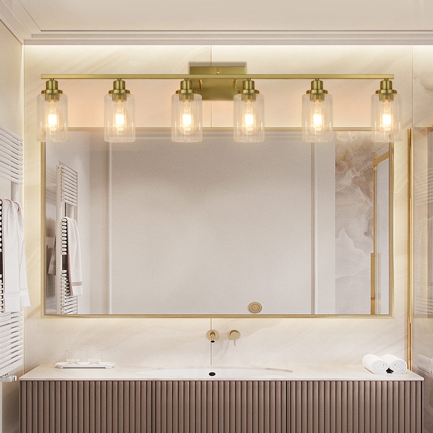 Jonsi Gold Bathroom Vanity Lights, 4 Light Brushed Gold Bathroom Light Fixtures with Fluted Glass Shade, Modern Gold Bathroom lights Over Mirror,Vanity Lighting Fixtures,31.1" W x 10.7" H