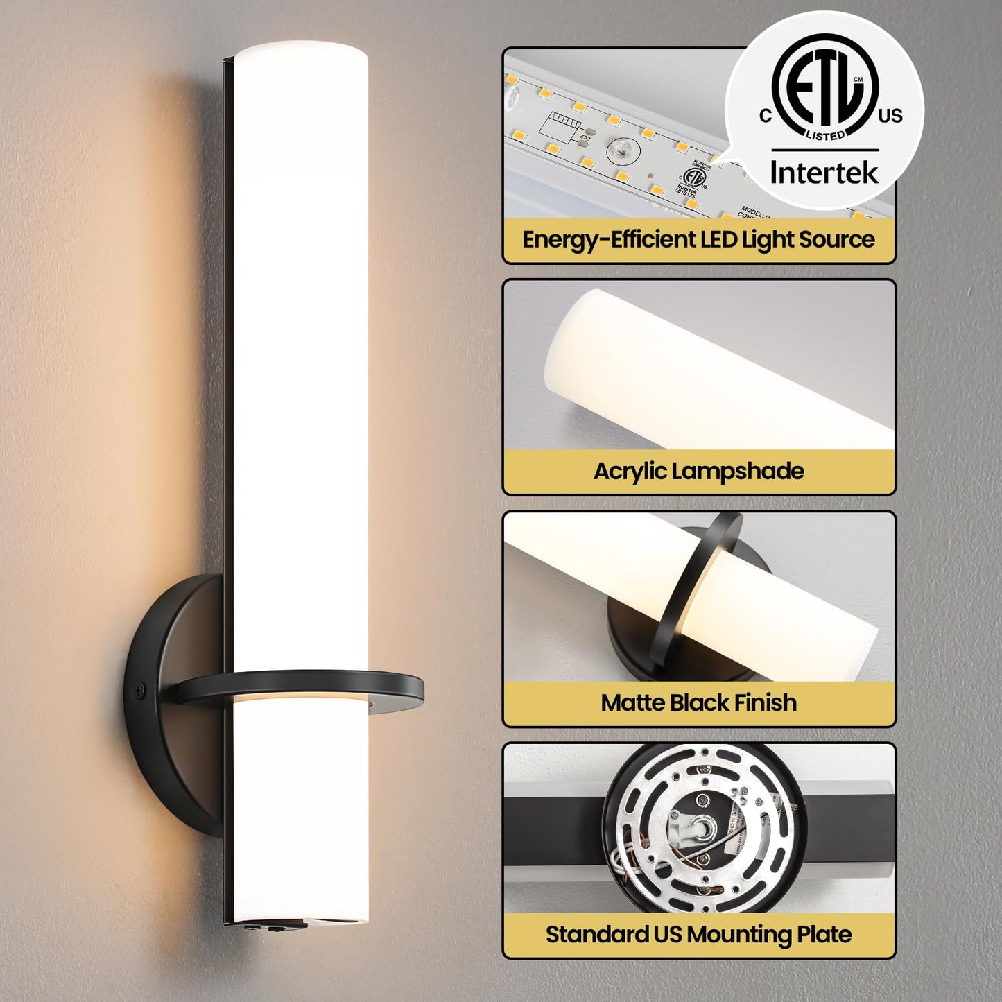 Gold Wall Sconces Set of Two - Dimmable Modern Sconces Wall Lighting 18W 3000K Led Wall Lights Acrylic Lampshade Hardwired Wall Light Fixtures for Living Room Bedroom Bathroom Hallway 18inch