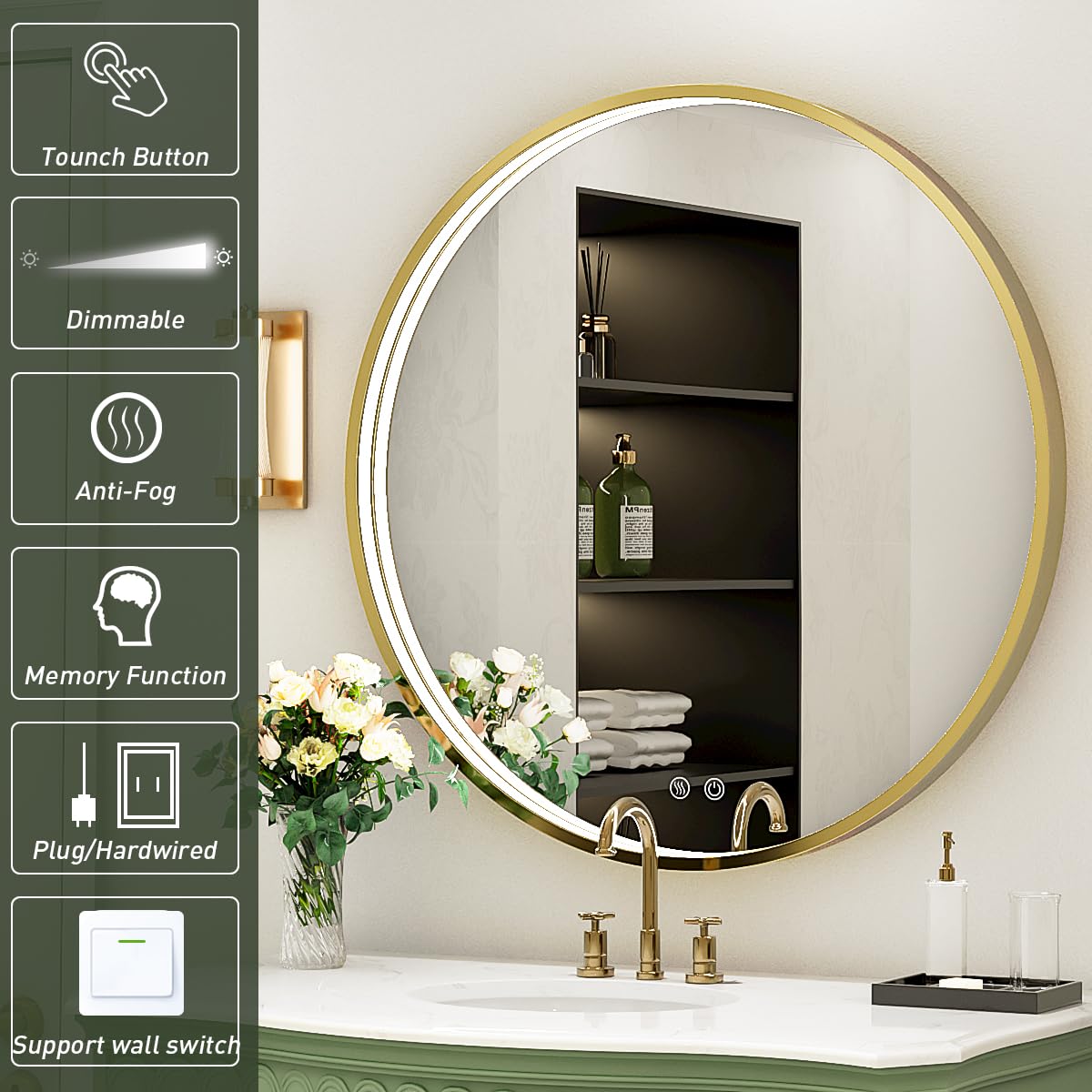 LED Round Mirror,36 Inch Gold Frame Bathroom Mirror with Light,6000K Lighted Vanity Mirror,Wall Mounted,Anti-Fog & Dimmable Touch Switch, Waterproof IP54