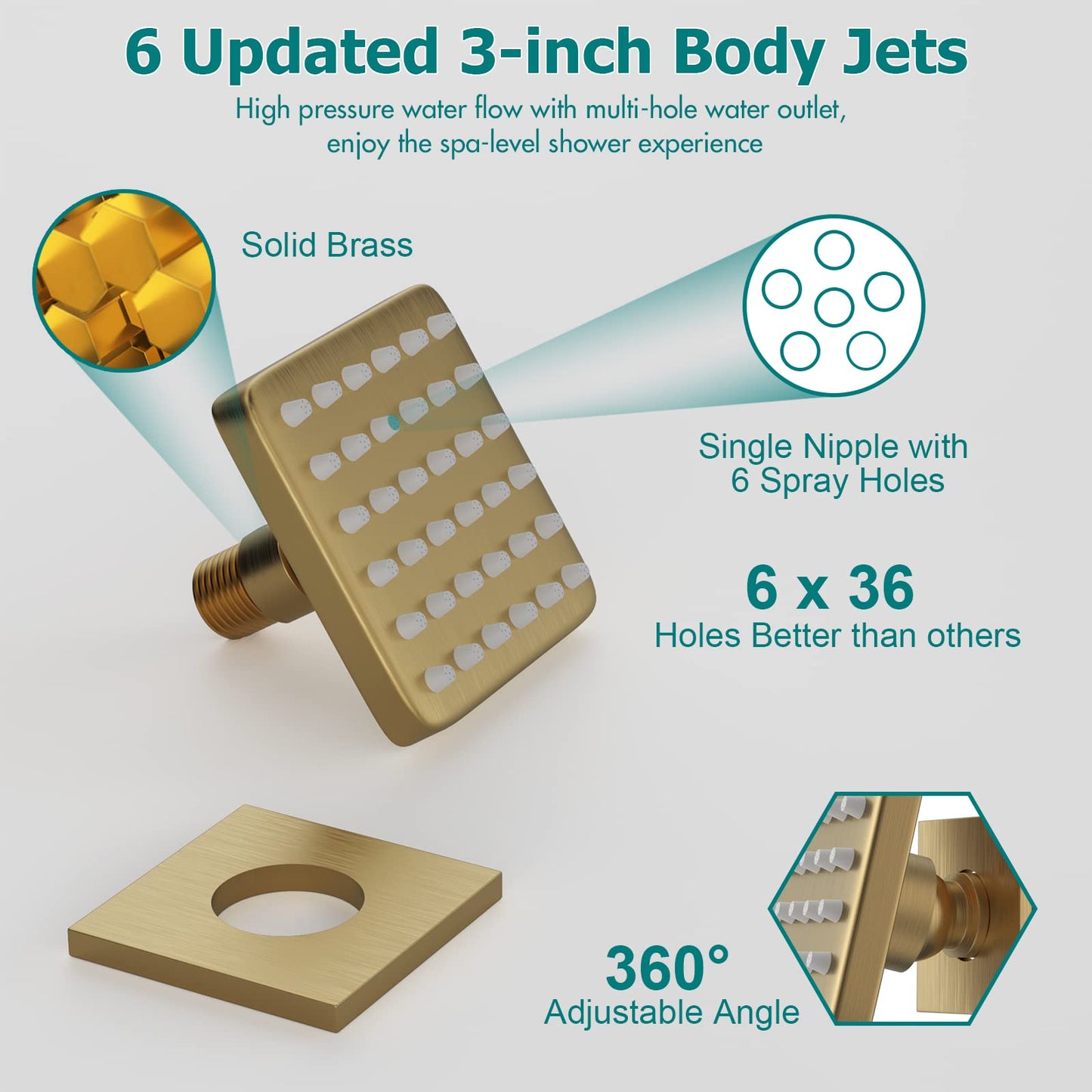 Gold Shower System, 12 Inch Shower Jets System Rain Shower Wall Mounted Body Spray Shower Faucet with Handheld and 6 Shower Jets Thermostatic Valve Body Can Use All Together-Brushed Gold