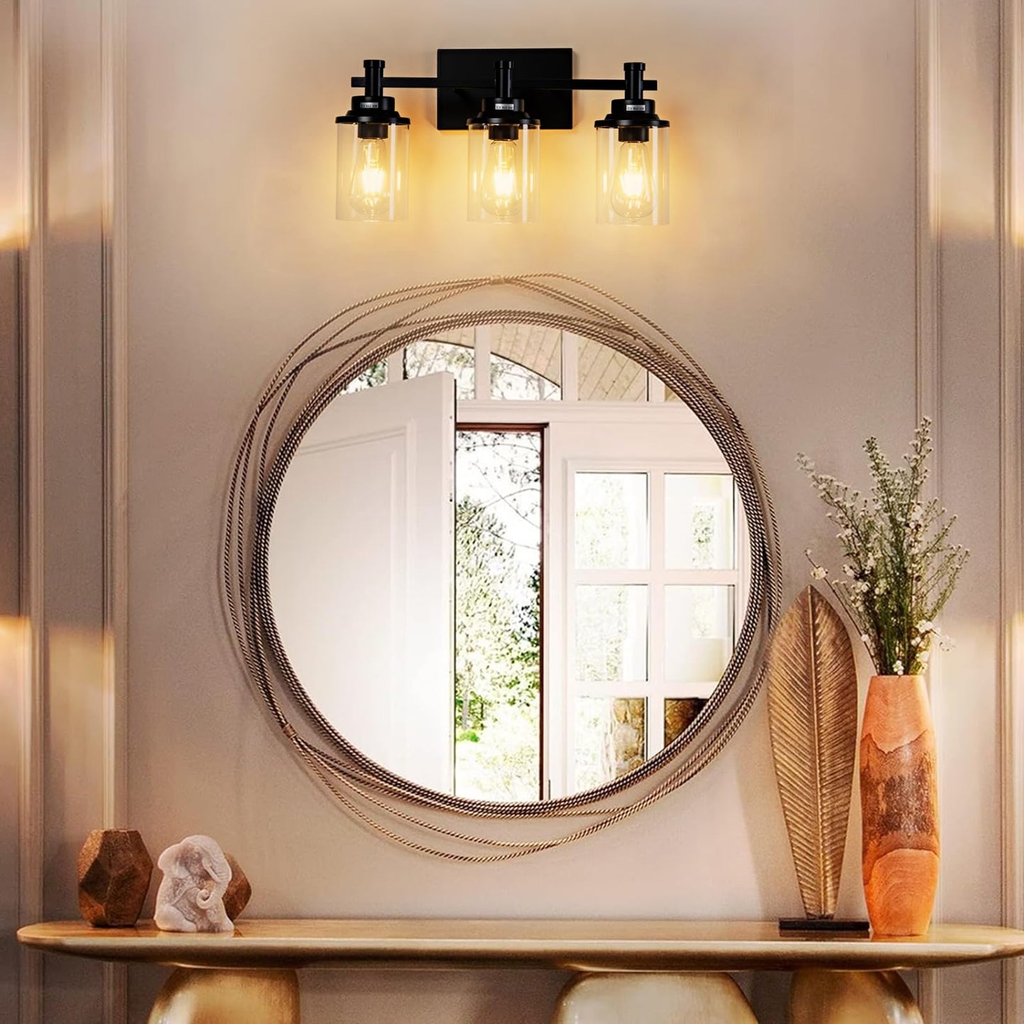 3 Light Bathroom Light Fixtures, Black and Brushed Gold Vanity Light Fixture Over Mirror, Modern Wall Sconces Lighting Wall Lamp for Bathroom, Bedroom, Hallway with Clear Glass Shade